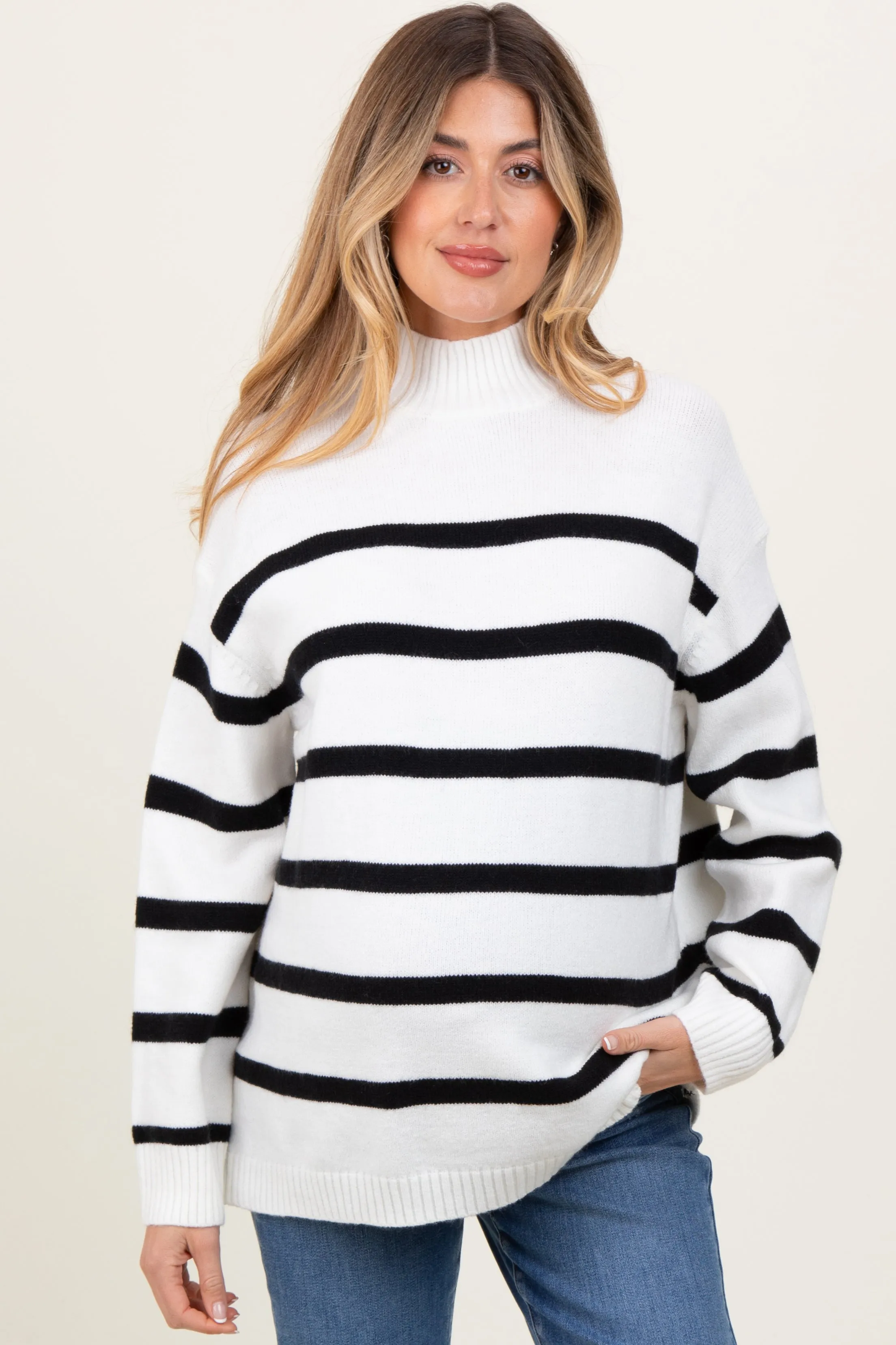 Ivory Striped Oversized Mock Neck Maternity Sweater sold by Pinkblush product image thumbnail 2