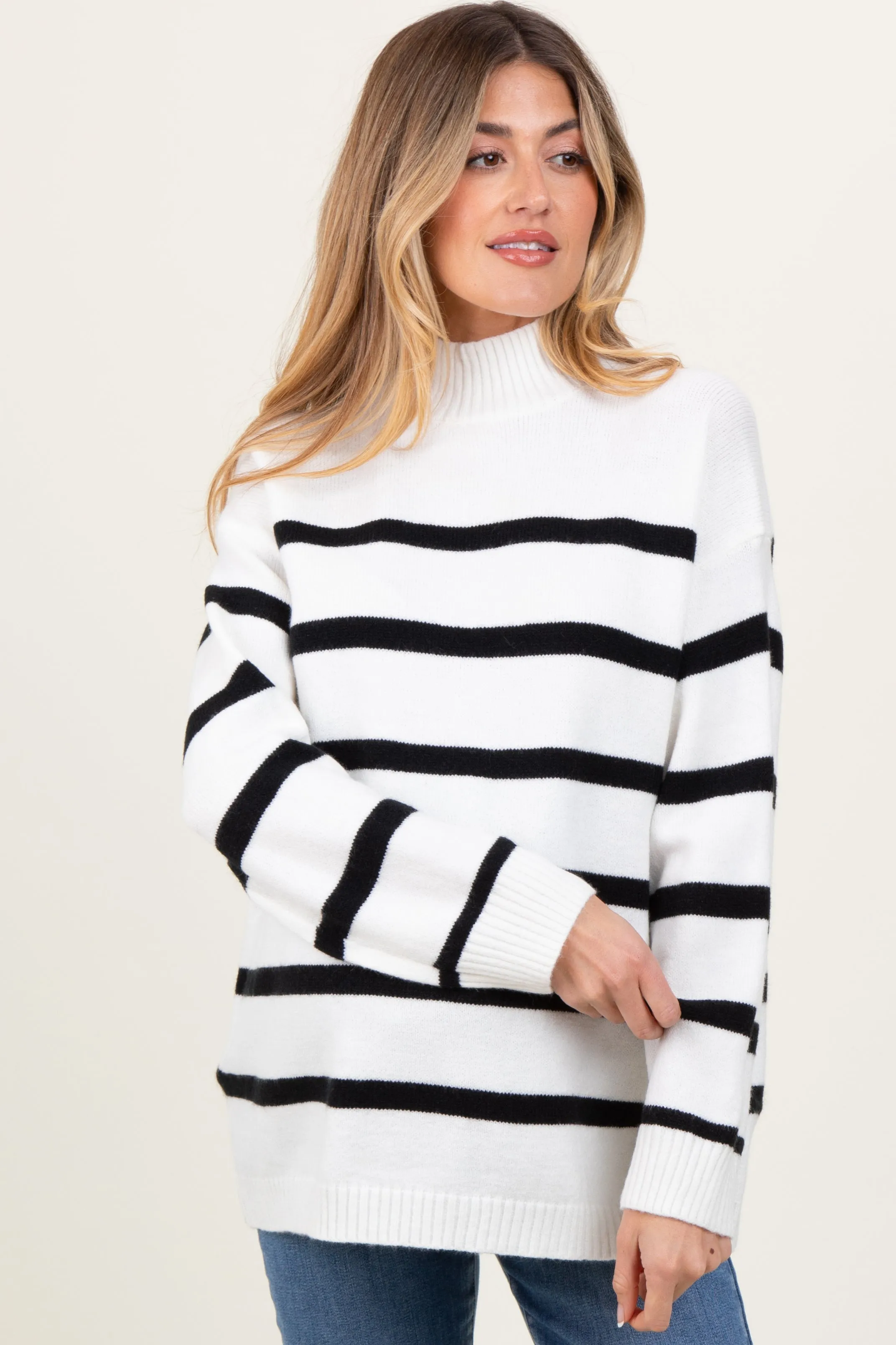 Ivory Striped Oversized Mock Neck Maternity Sweater sold by Pinkblush