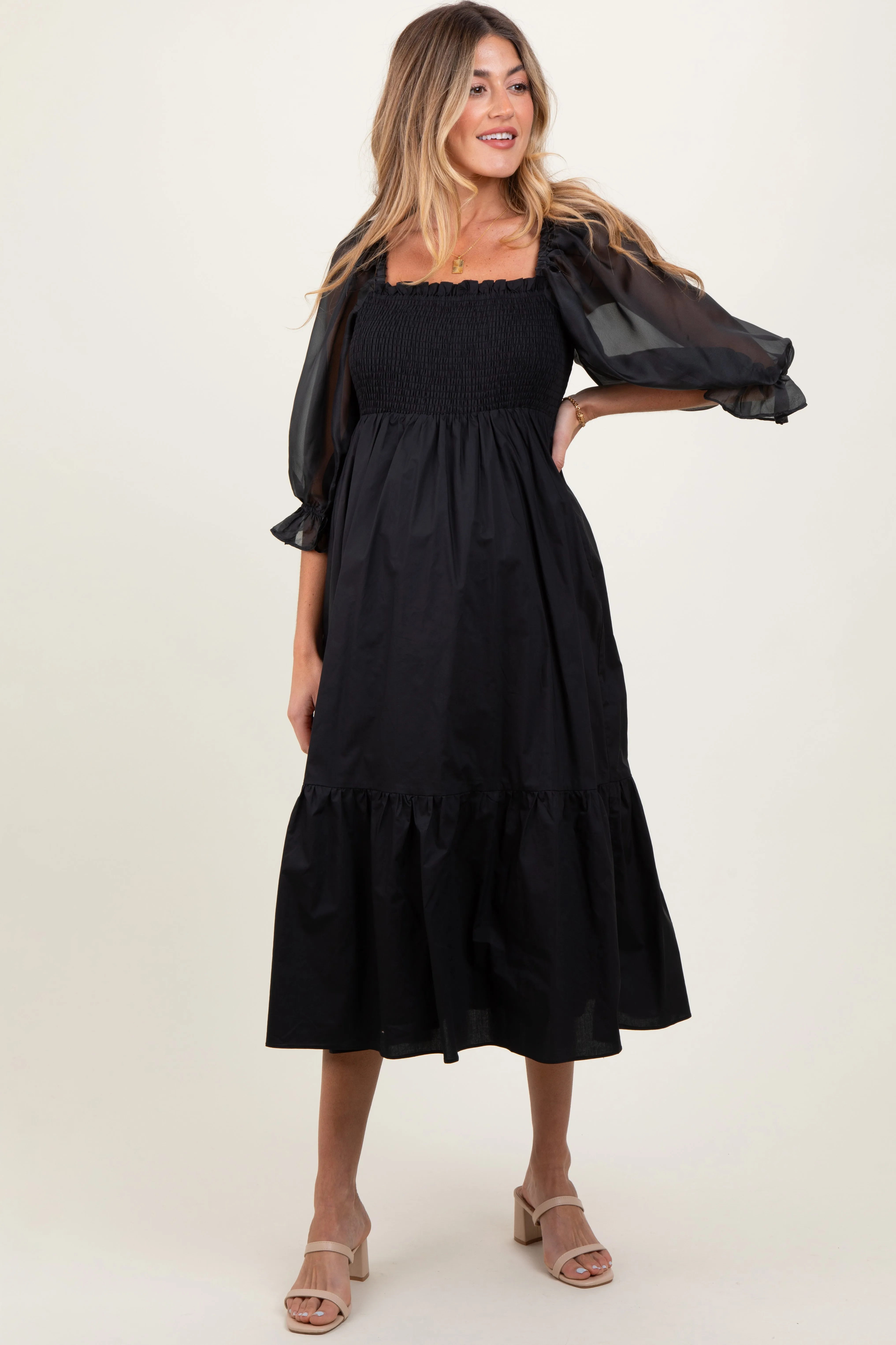 Black Chiffon Smocked Puff Sleeve Maternity Midi Dress sold by Pinkblush product image thumbnail 2