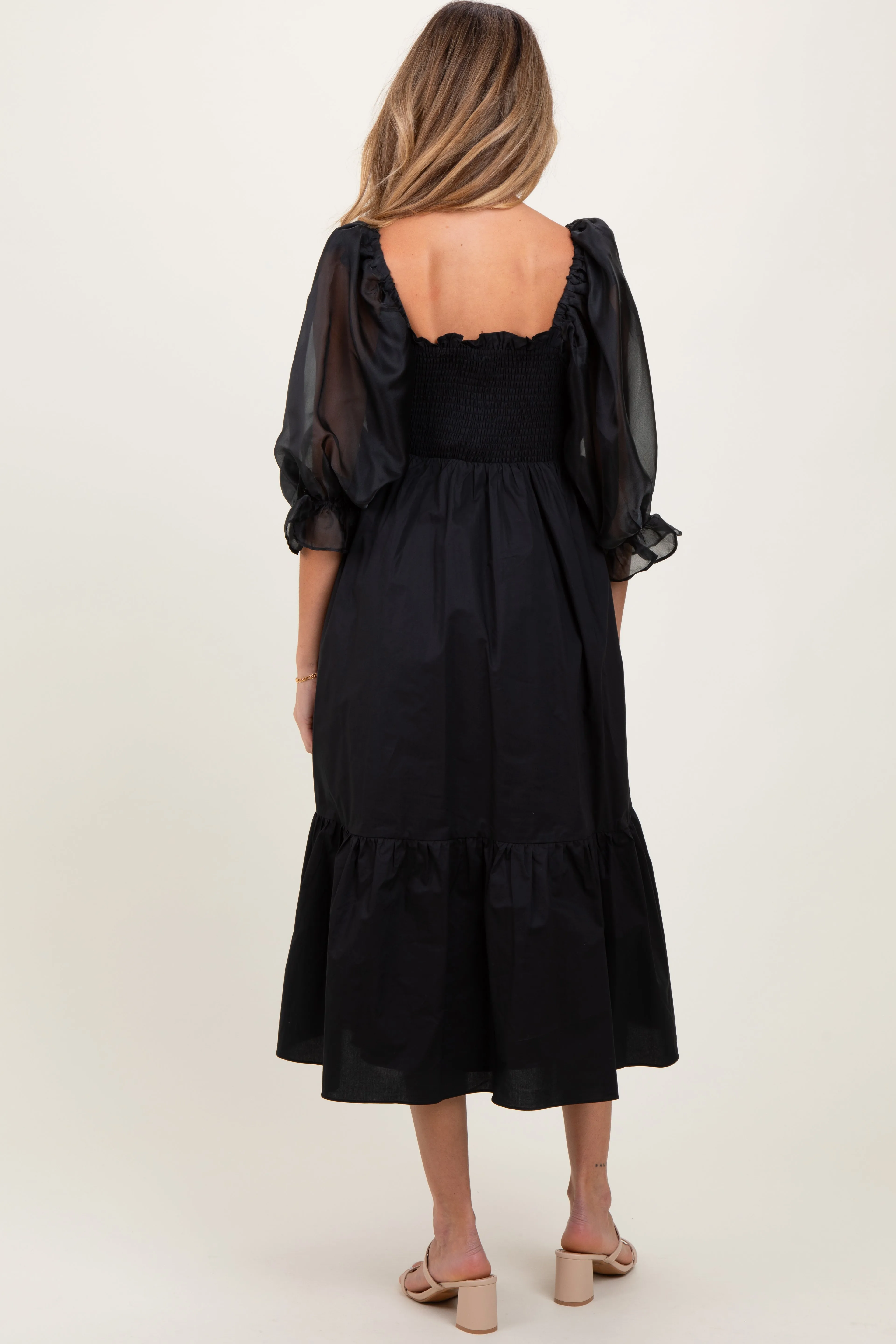 Black Chiffon Smocked Puff Sleeve Maternity Midi Dress sold by Pinkblush product image thumbnail 3