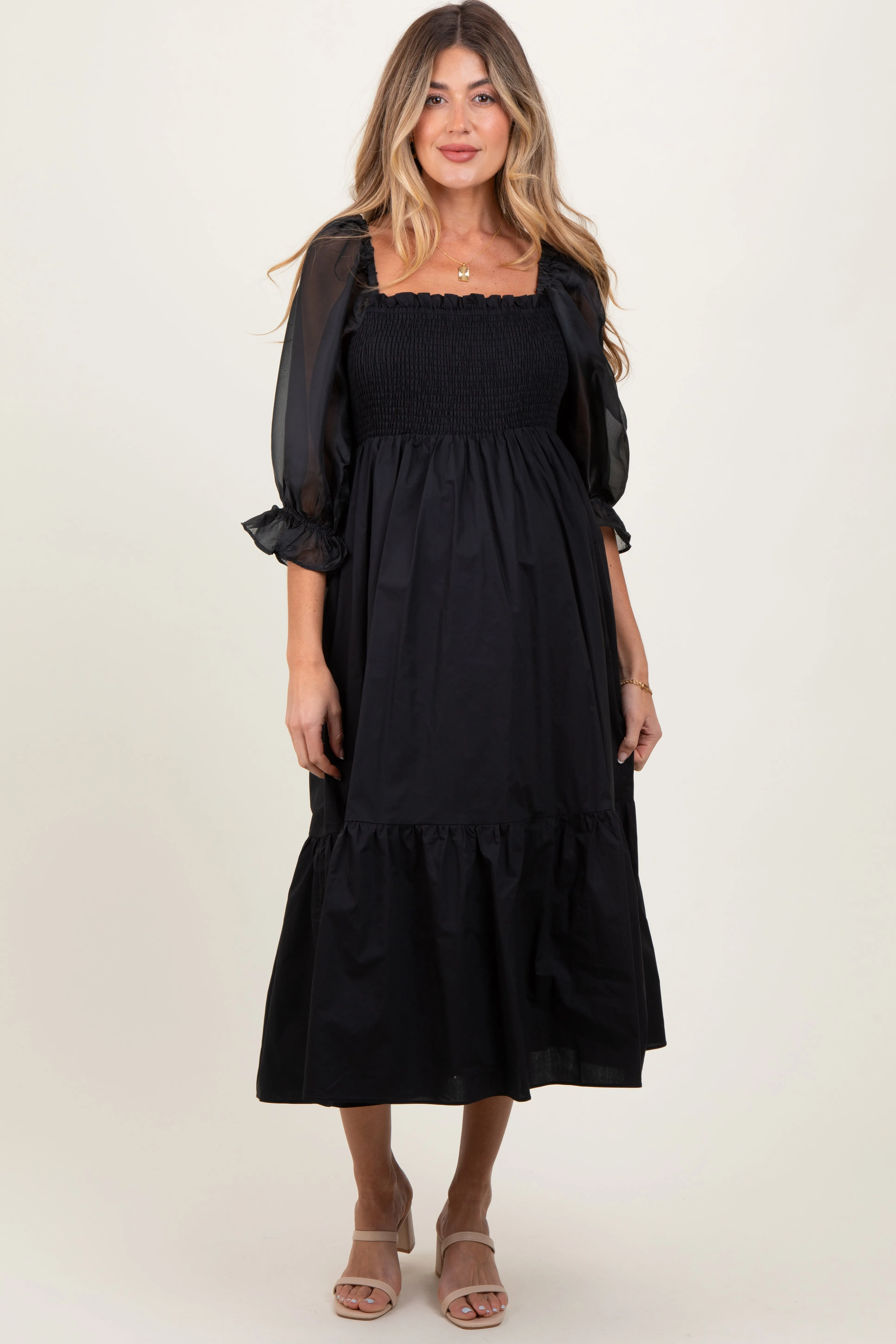 Black Chiffon Smocked Puff Sleeve Maternity Midi Dress sold by Pinkblush