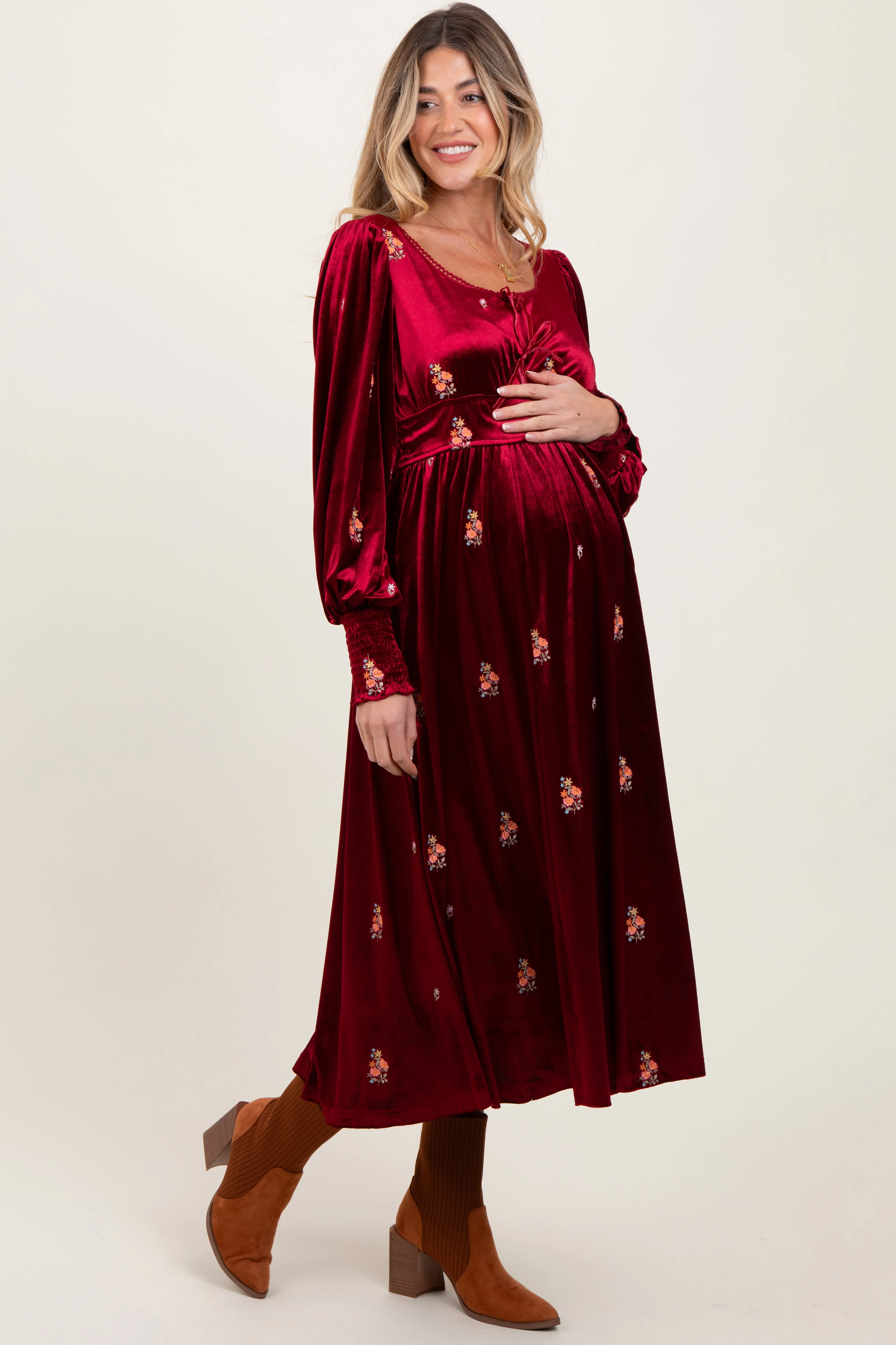 Red Velvet Embroidered Floral Maternity Midi Dress sold by Pinkblush product image thumbnail 2