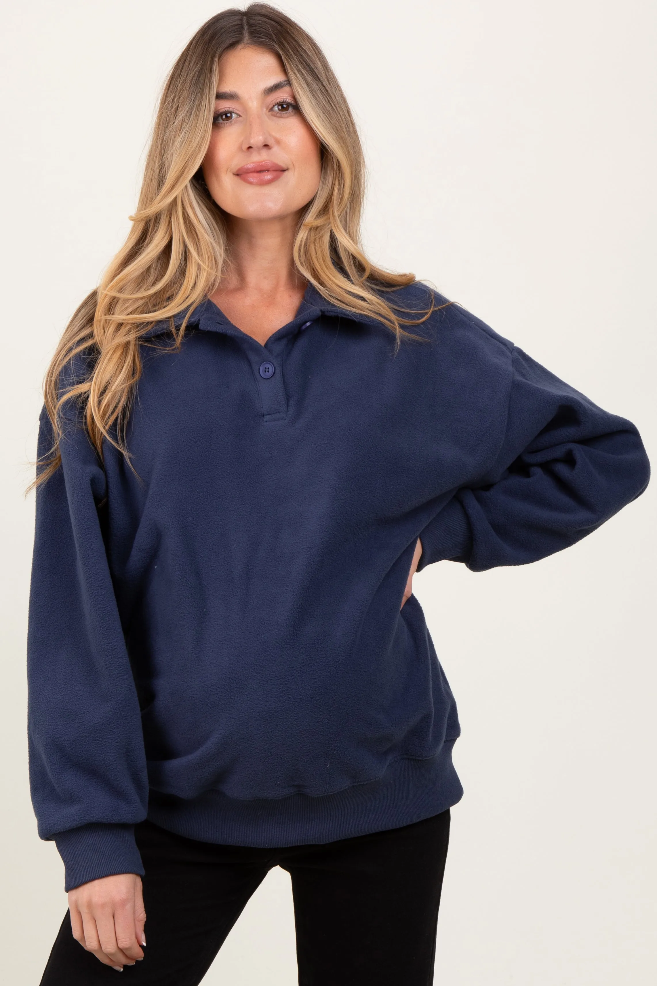 Navy Fleece Collared Button Up Maternity Pullover sold by Pinkblush product image thumbnail 2