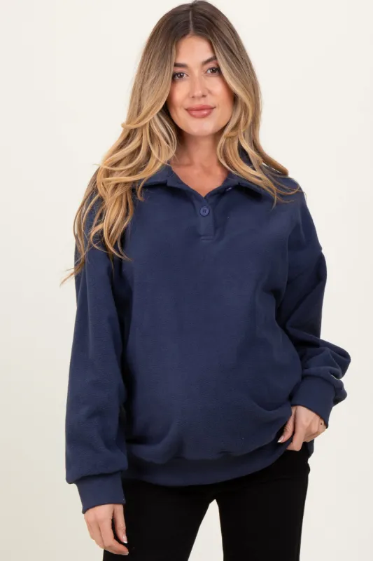 Navy Fleece Collared Button Up Maternity Pullover sold by Pinkblush