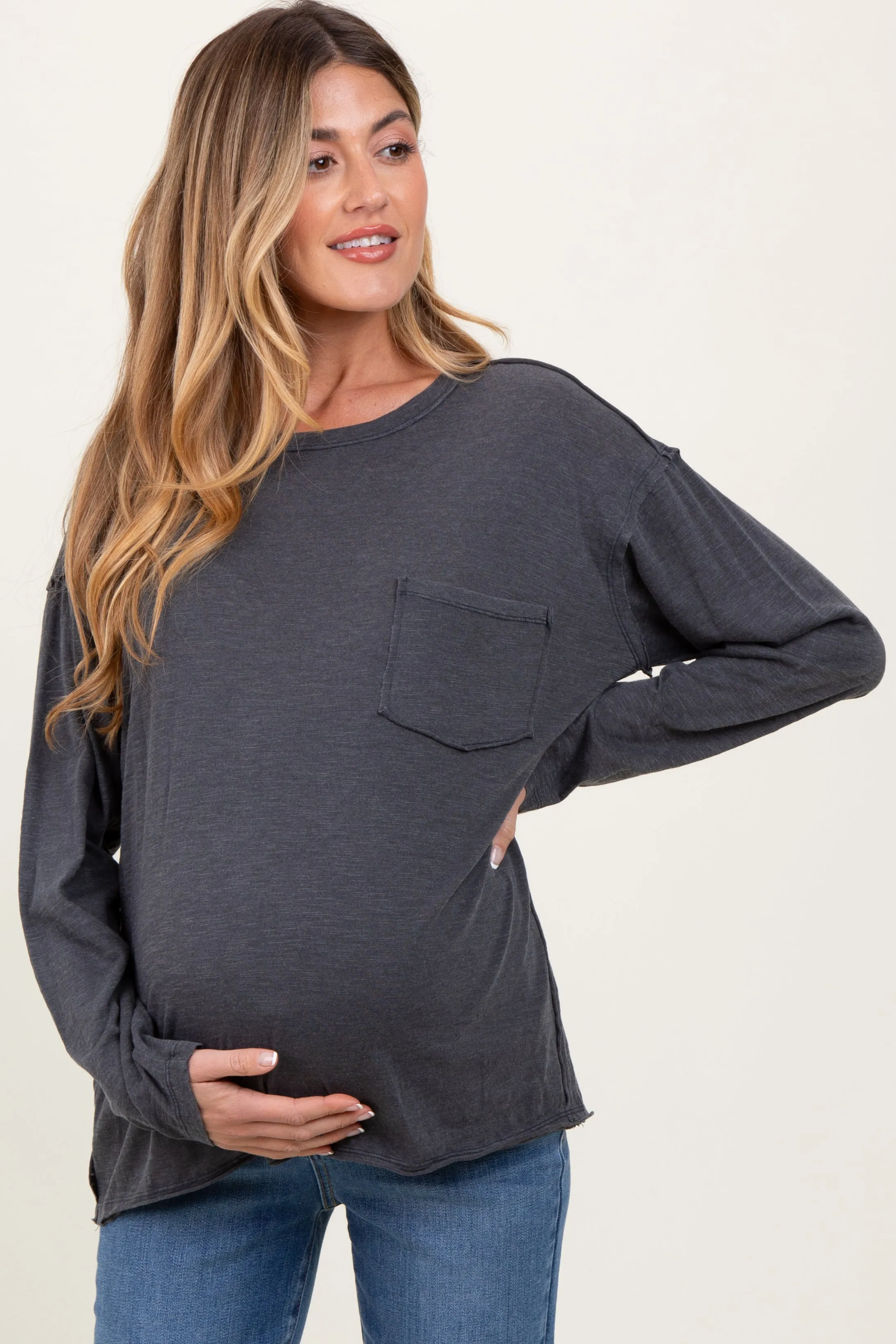 Charcoal Mineral Wash Front Pocket Long Sleeve Maternity Top sold by Pinkblush