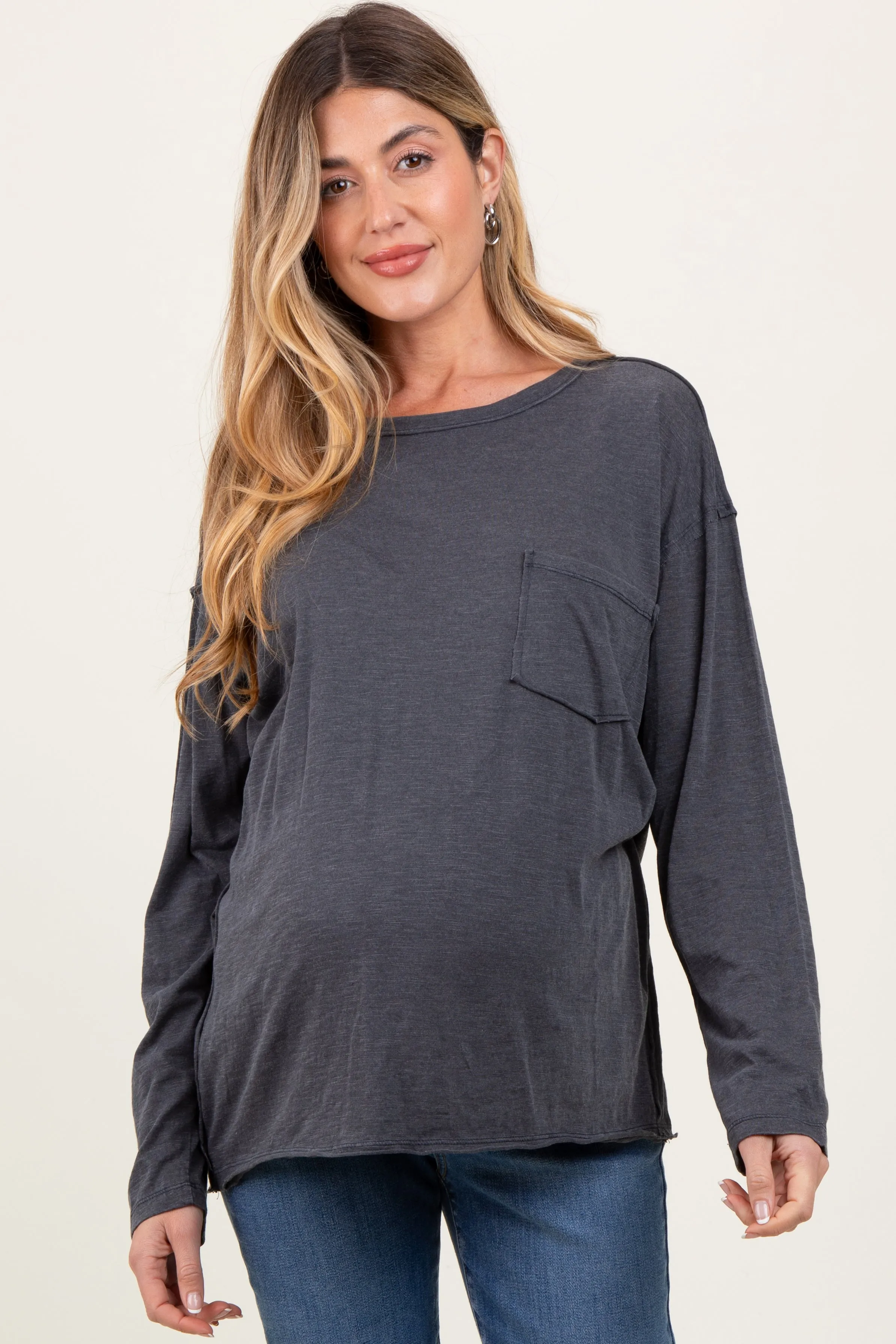 Charcoal Mineral Wash Front Pocket Long Sleeve Maternity Top sold by Pinkblush product image thumbnail 2
