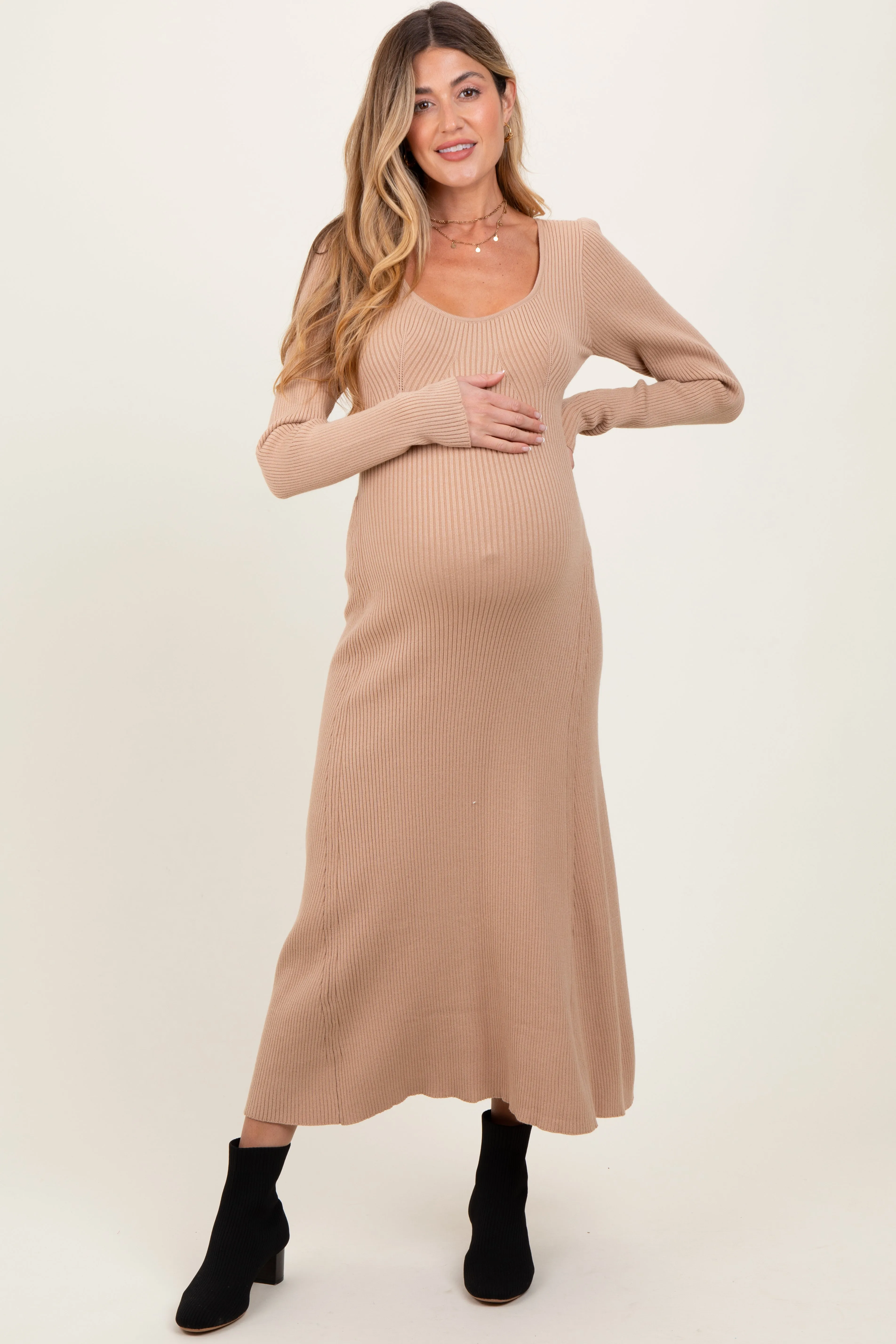 Beige Ribbed Knit Maternity Maxi Sweater Dress sold by Pinkblush