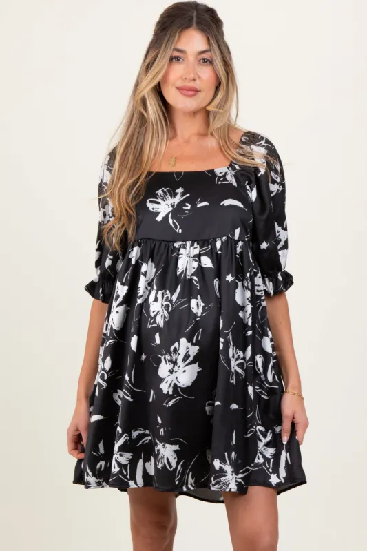 Black Satin Floral Square Neck Maternity Mini Dress sold by Pinkblush