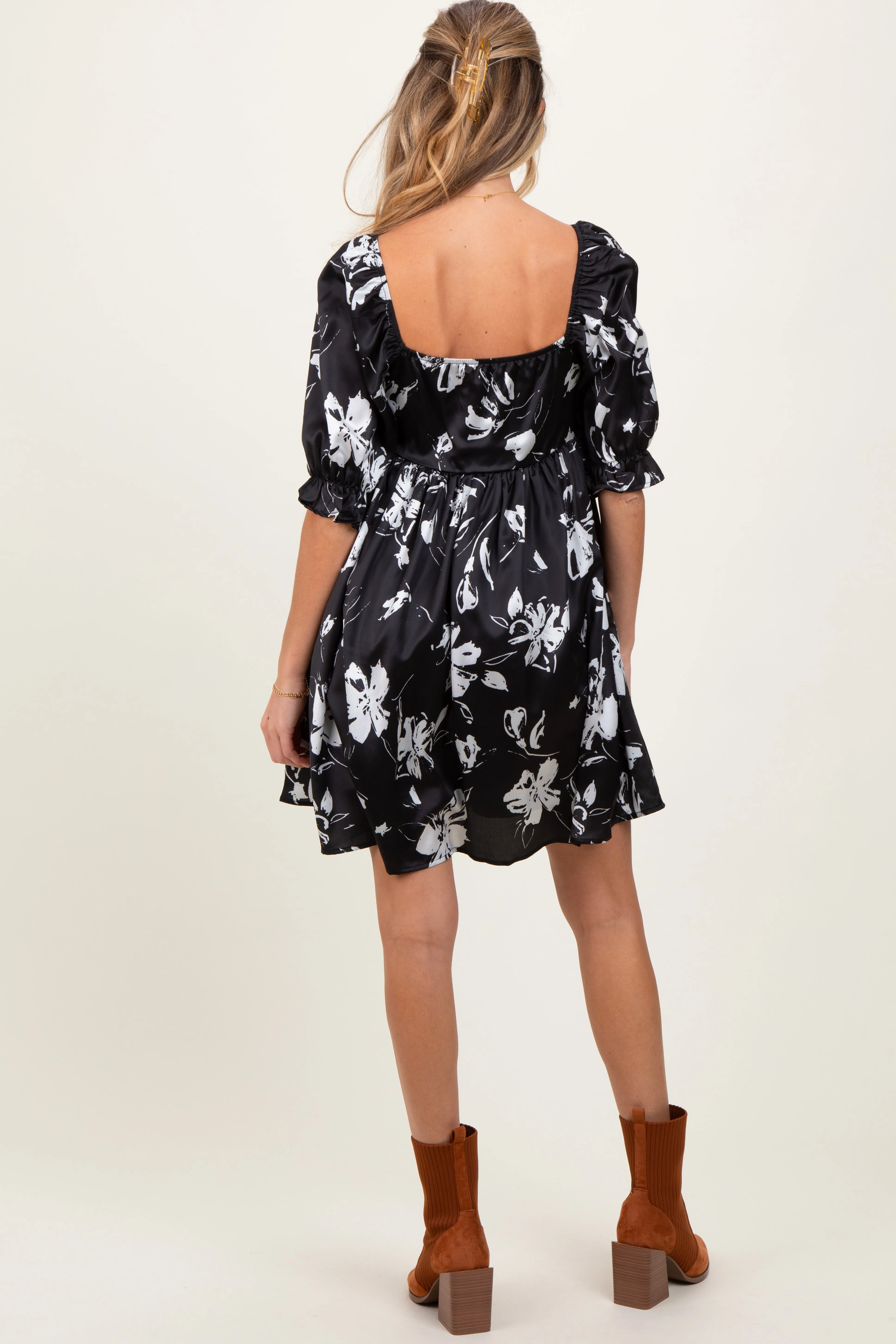 Black Satin Floral Square Neck Maternity Mini Dress sold by Pinkblush product image thumbnail 3