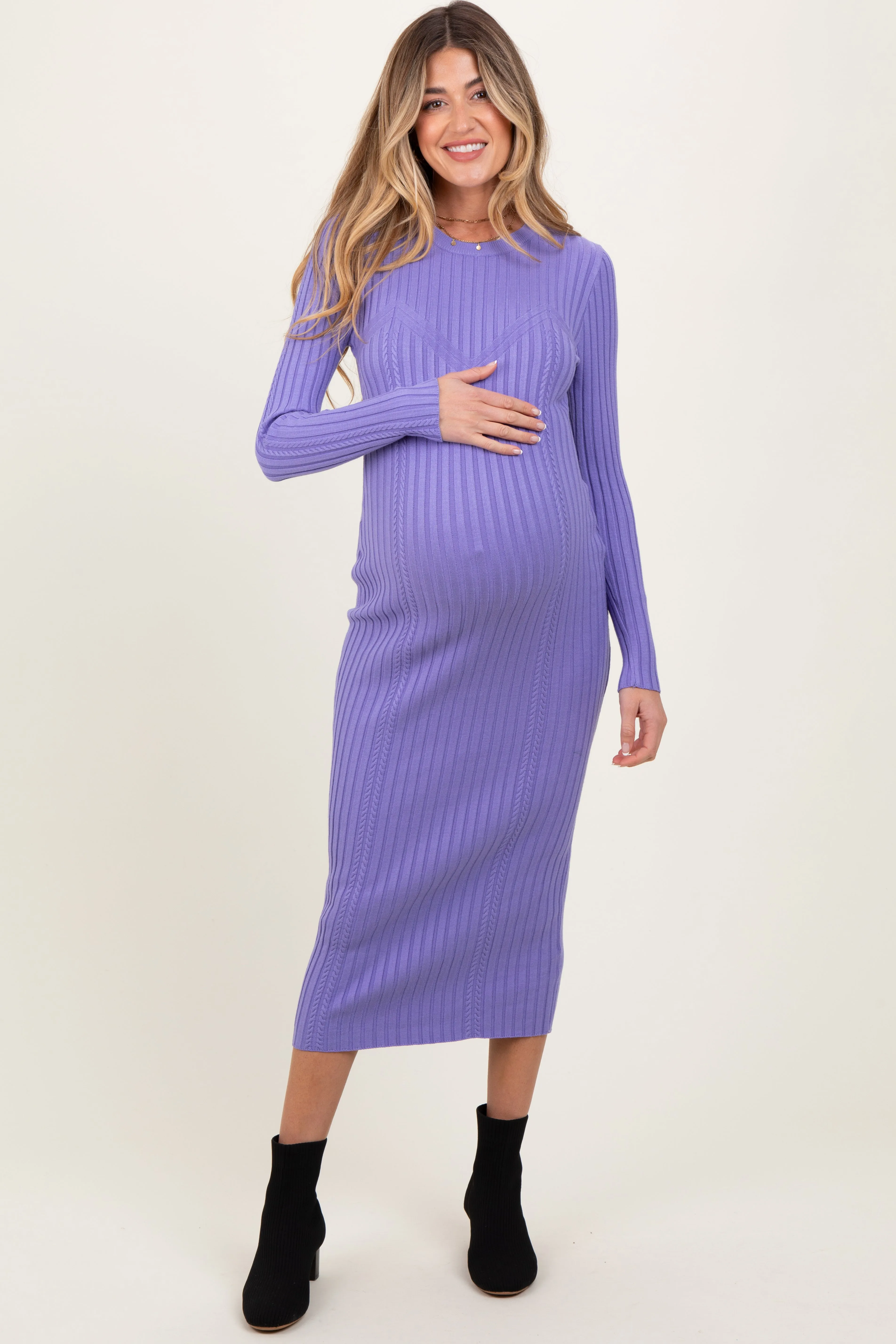 Lavender Contrast Ribbed Knit Maternity Midi Dress sold by Pinkblush