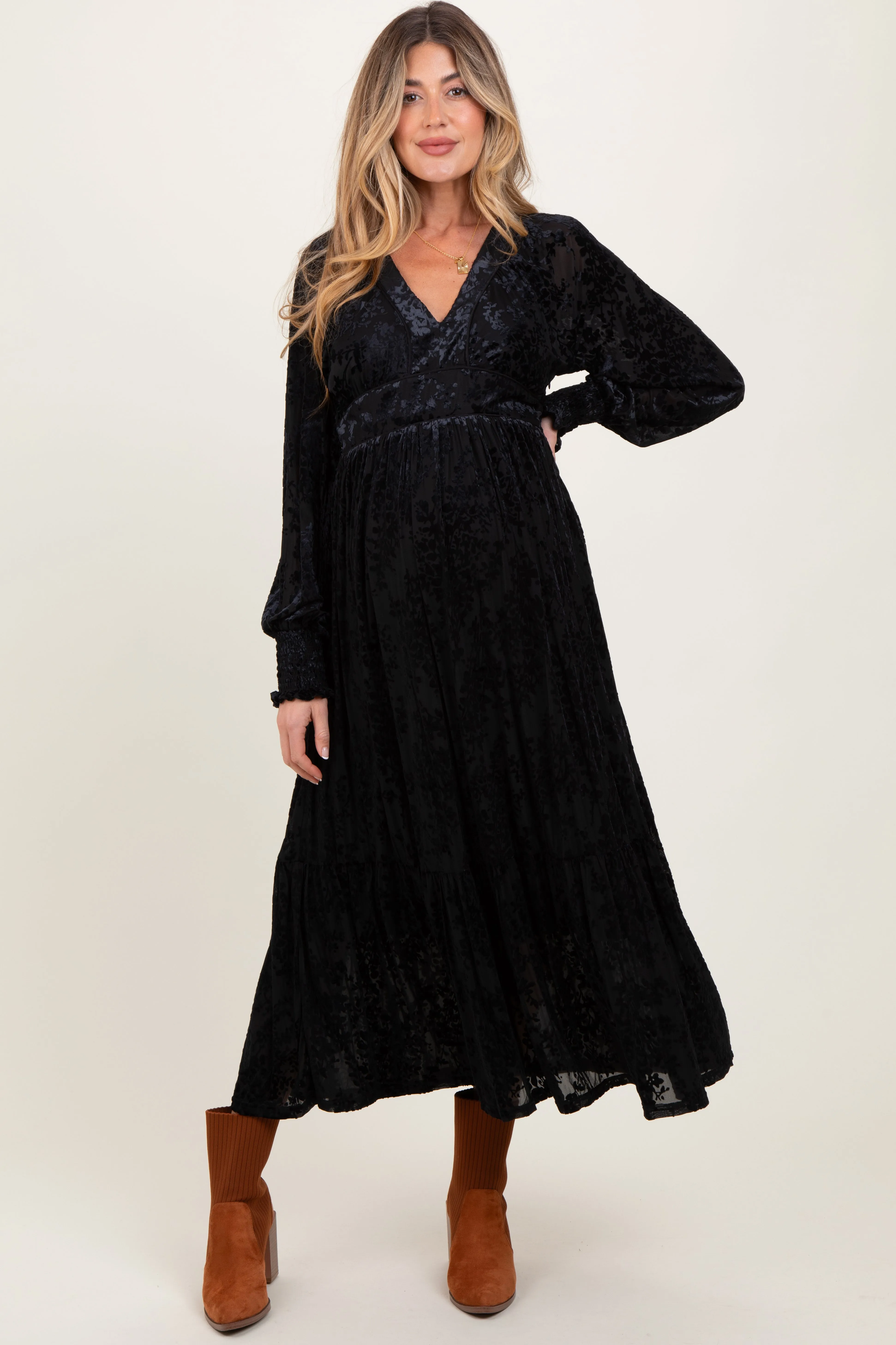 Black Floral Velvet Overlay Maternity Maxi Dress sold by Pinkblush