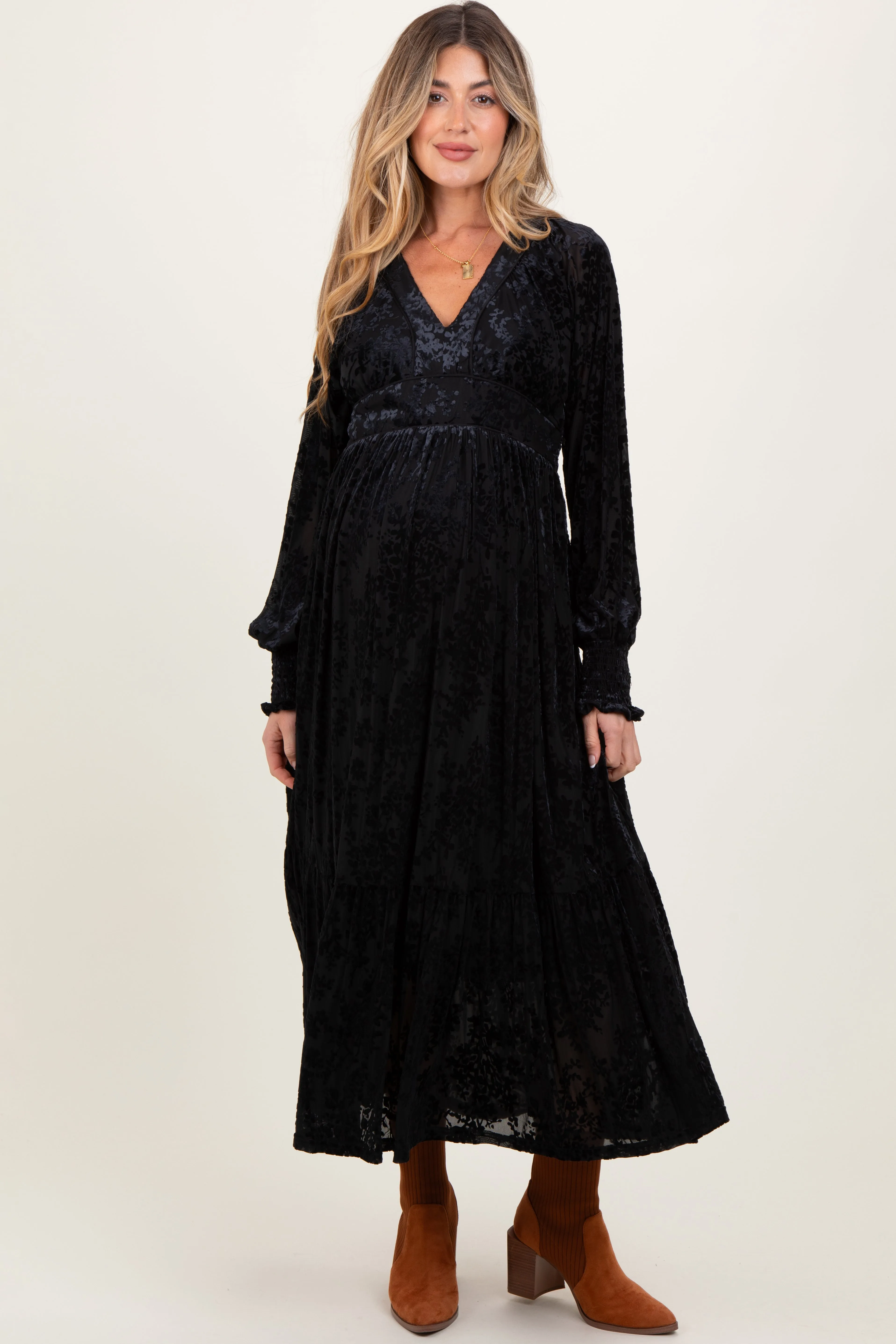 Black Floral Velvet Overlay Maternity Maxi Dress sold by Pinkblush product image thumbnail 2