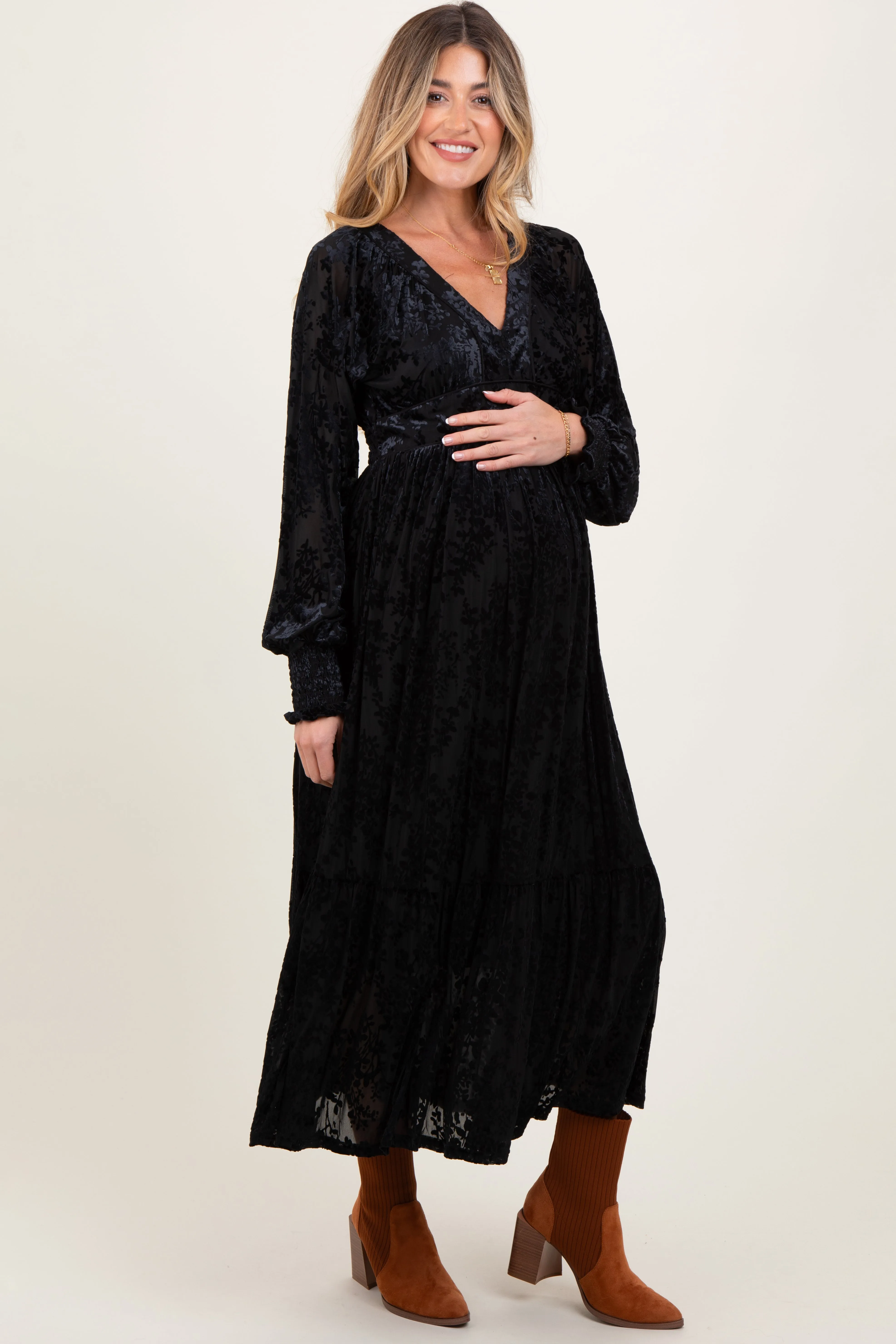 Black Floral Velvet Overlay Maternity Maxi Dress sold by Pinkblush product image thumbnail 3
