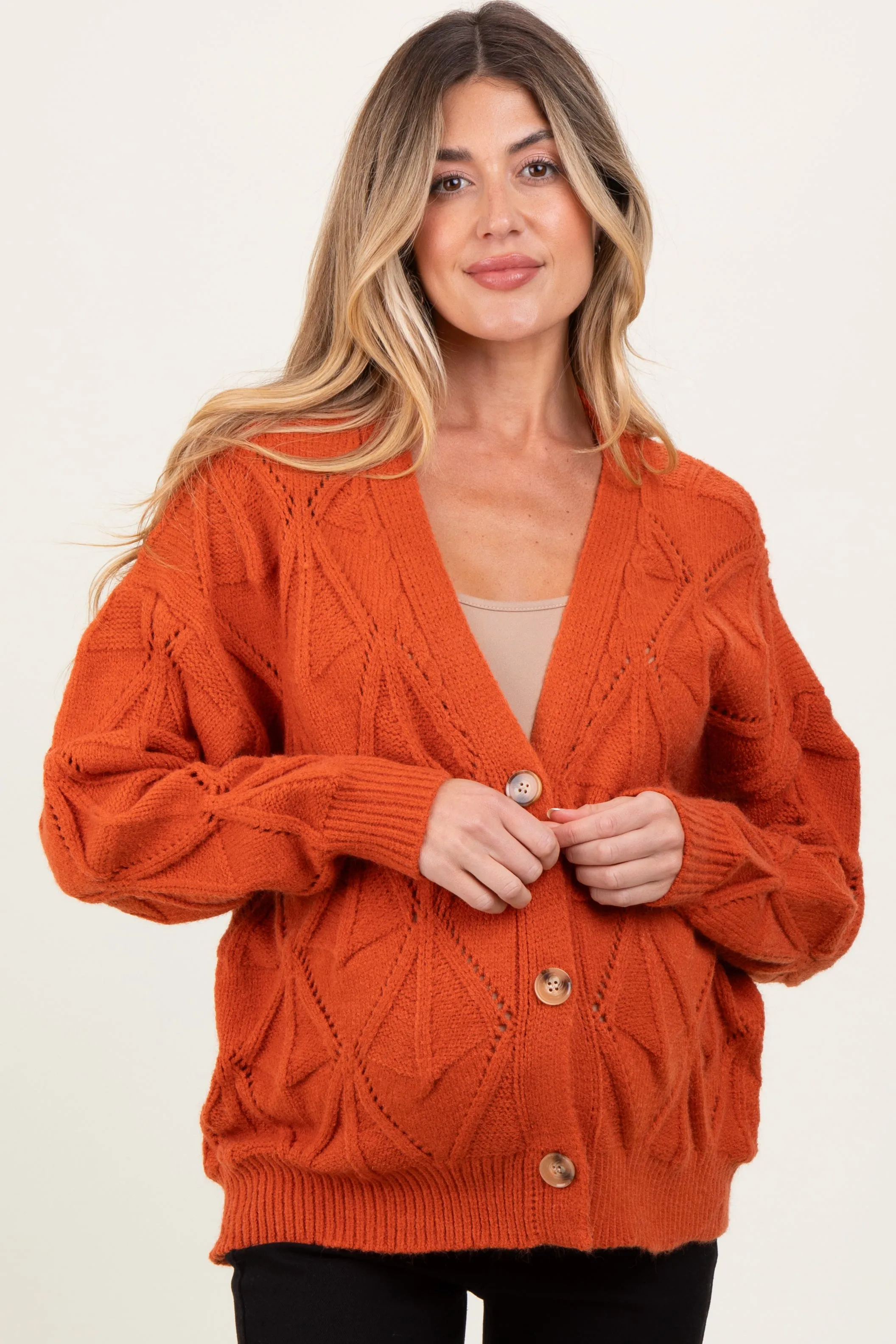Rust Diamond Knit Button Up Maternity Sweater Cardigan sold by Pinkblush