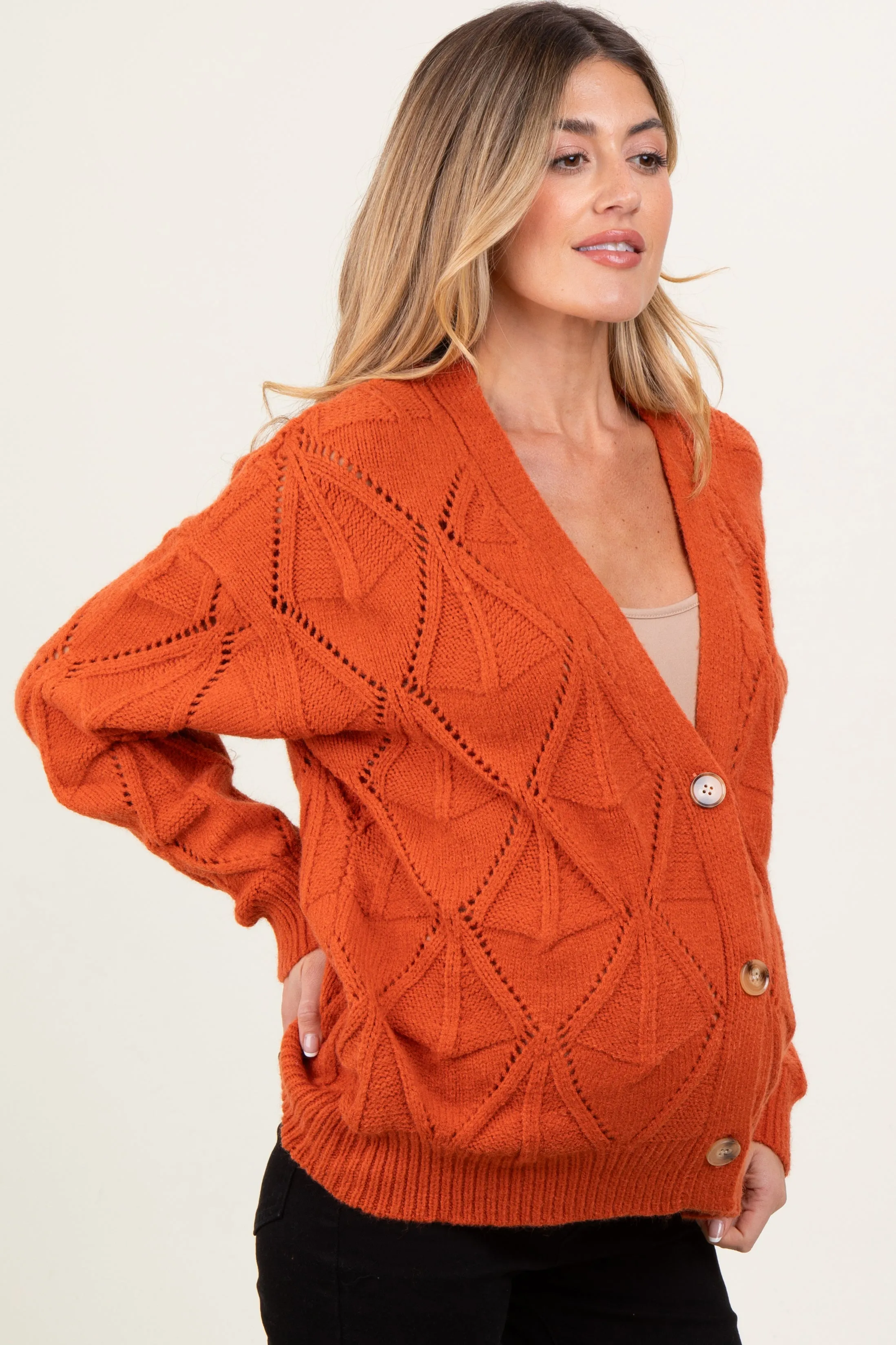 Rust Diamond Knit Button Up Maternity Sweater Cardigan sold by Pinkblush product image thumbnail 2