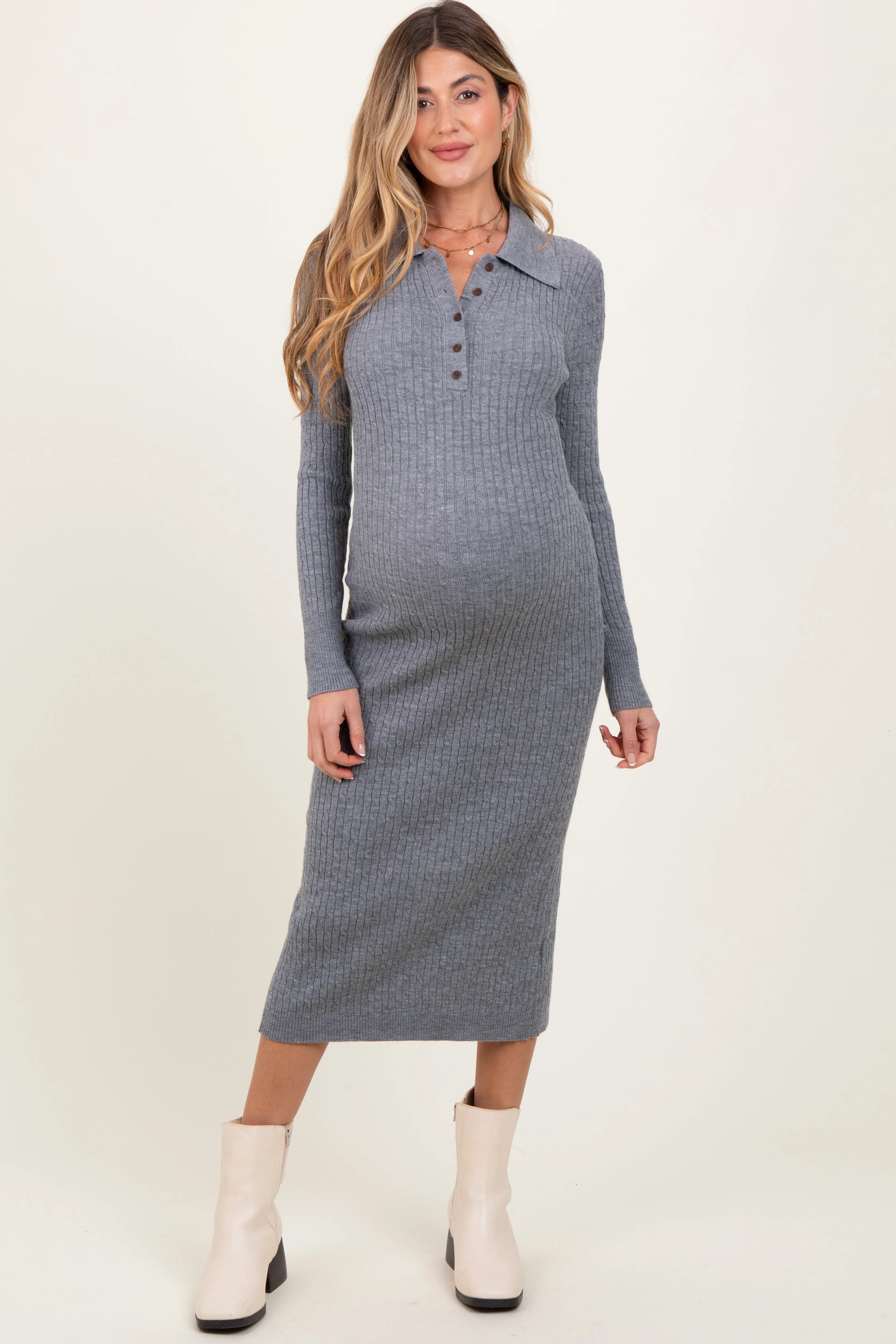 Heather Grey Cable Knit Button Up Maternity Midi Dress sold by Pinkblush