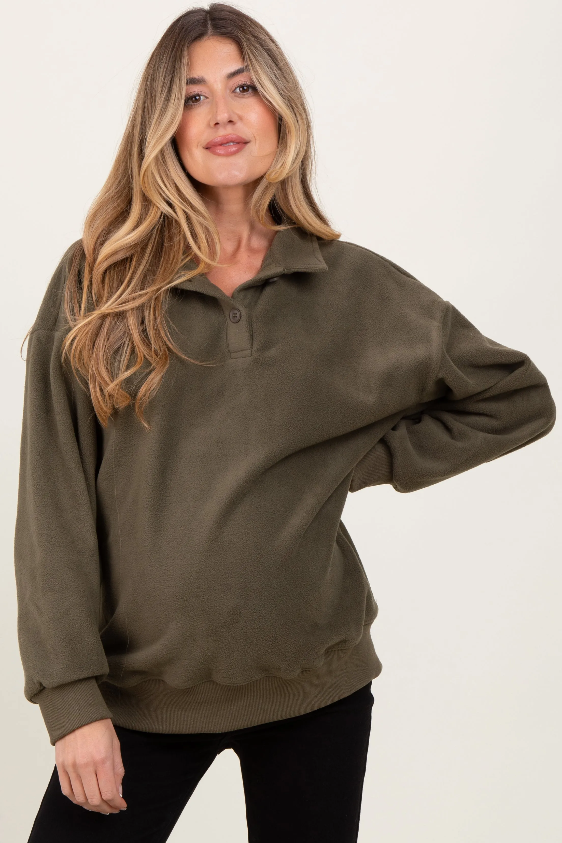 Olive Fleece Collared Button Up Maternity Pullover sold by Pinkblush