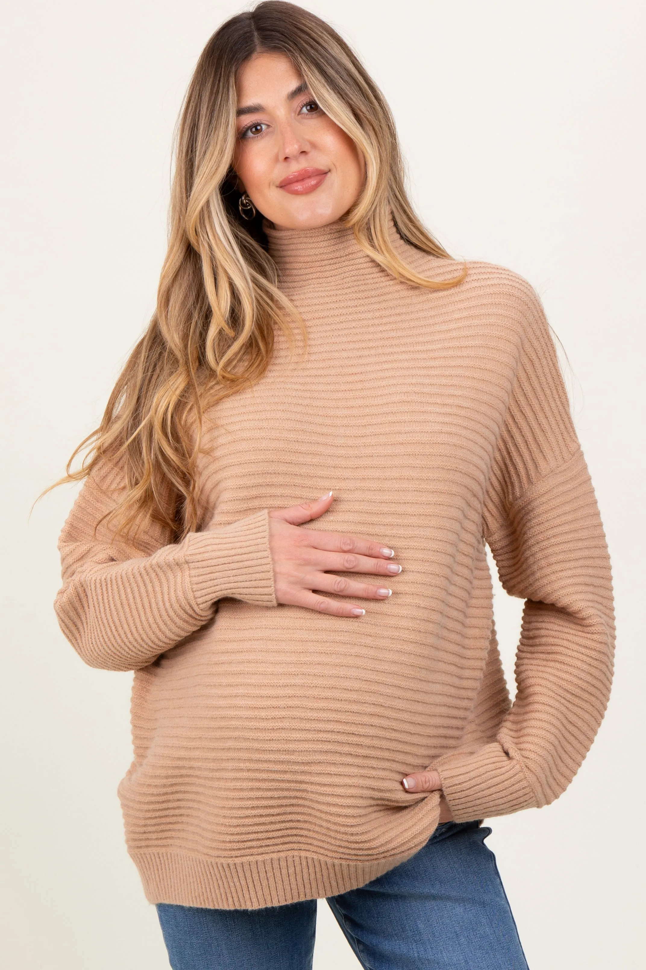 Camel Ribbed Knit Turtleneck Dolman Sleeve Maternity Sweater sold by Pinkblush product image thumbnail 2