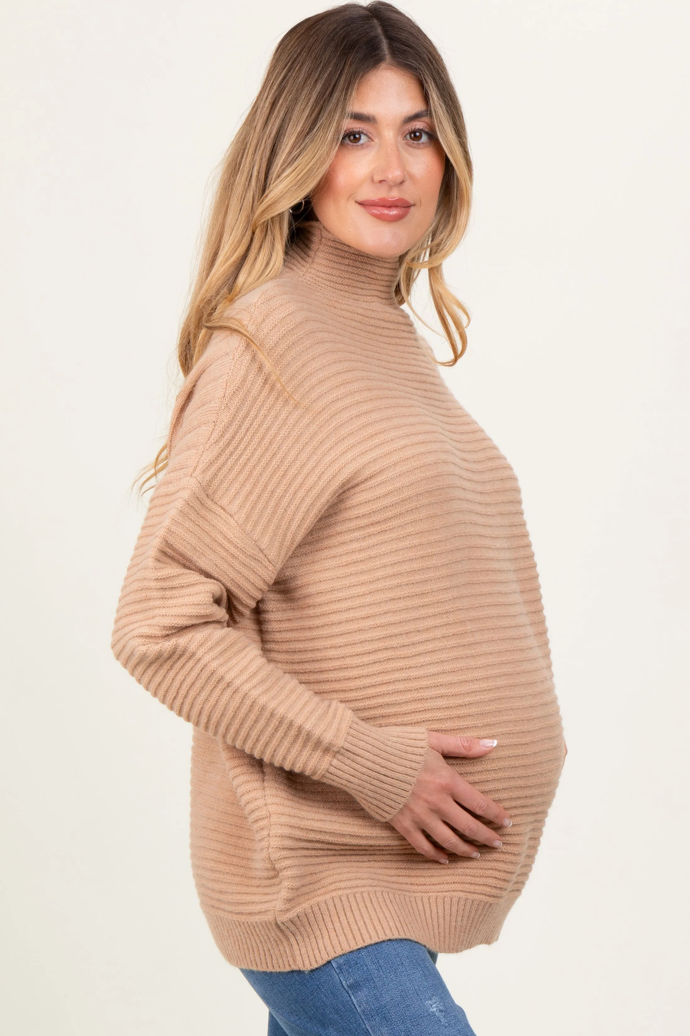 Camel Ribbed Knit Turtleneck Dolman Sleeve Maternity Sweater sold by Pinkblush product image thumbnail 3