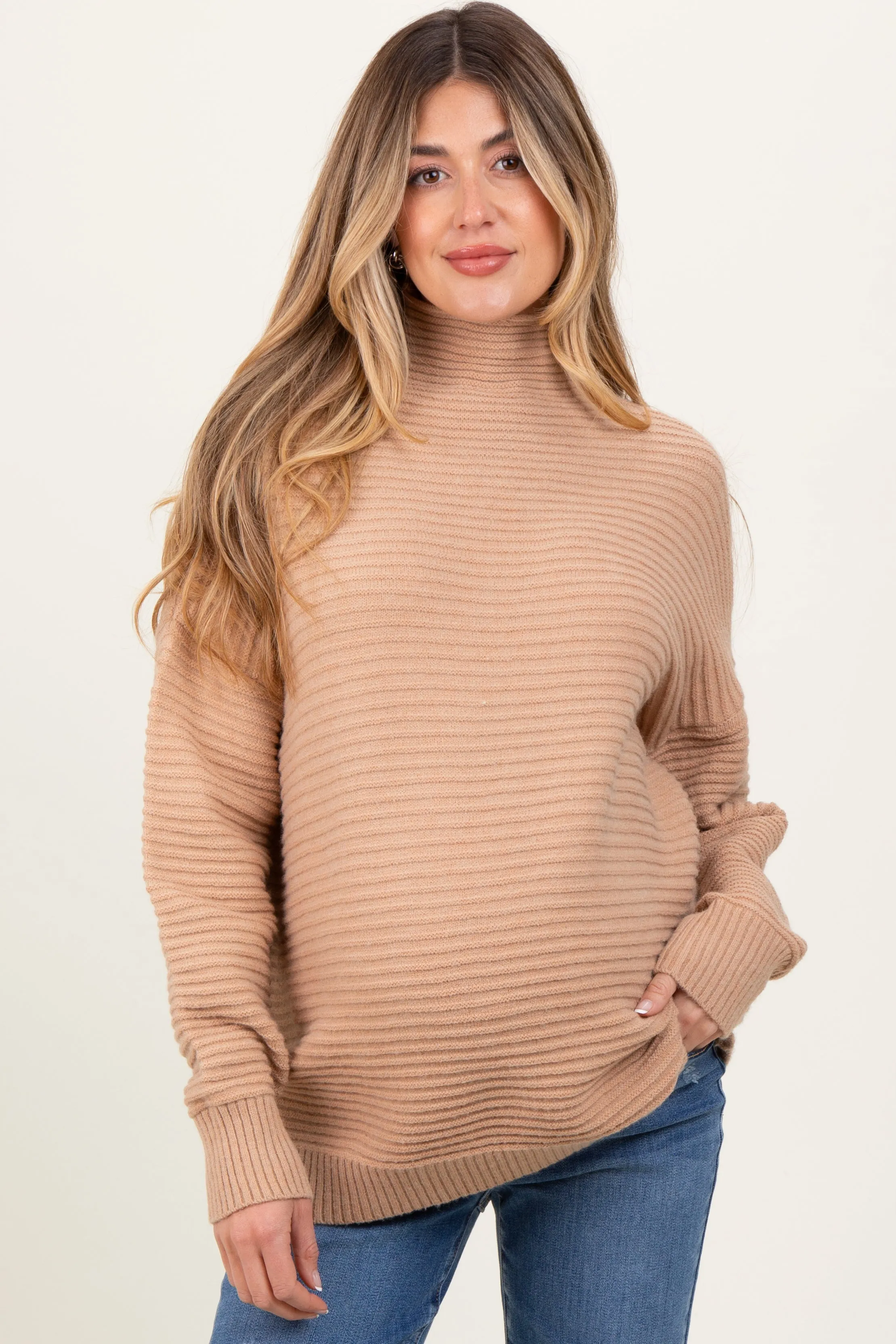 Camel Ribbed Knit Turtleneck Dolman Sleeve Maternity Sweater sold by Pinkblush