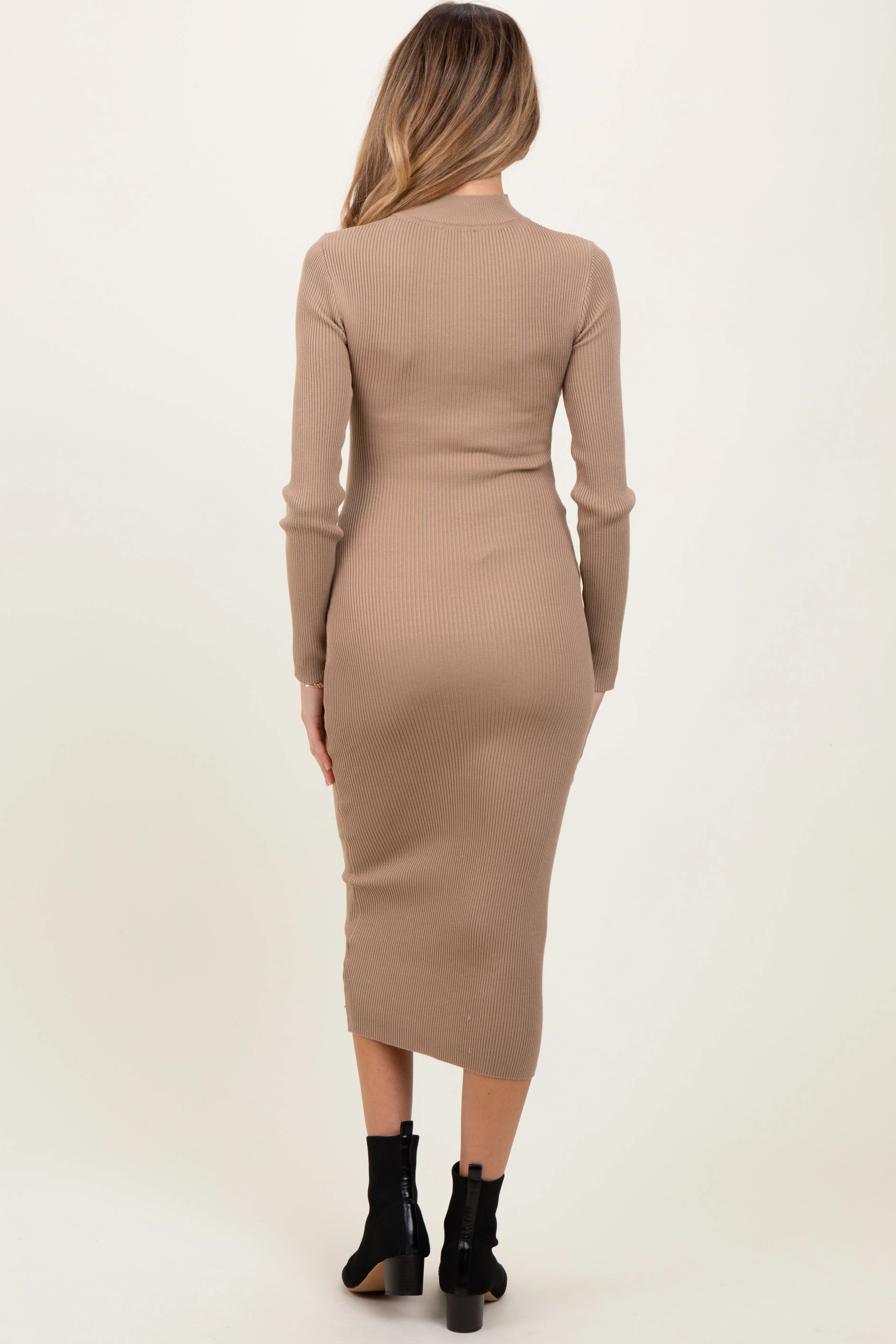 Light Taupe Mock Neck Fitted Ribbed Knit Maternity Midi Dress sold by Pinkblush product image thumbnail 4