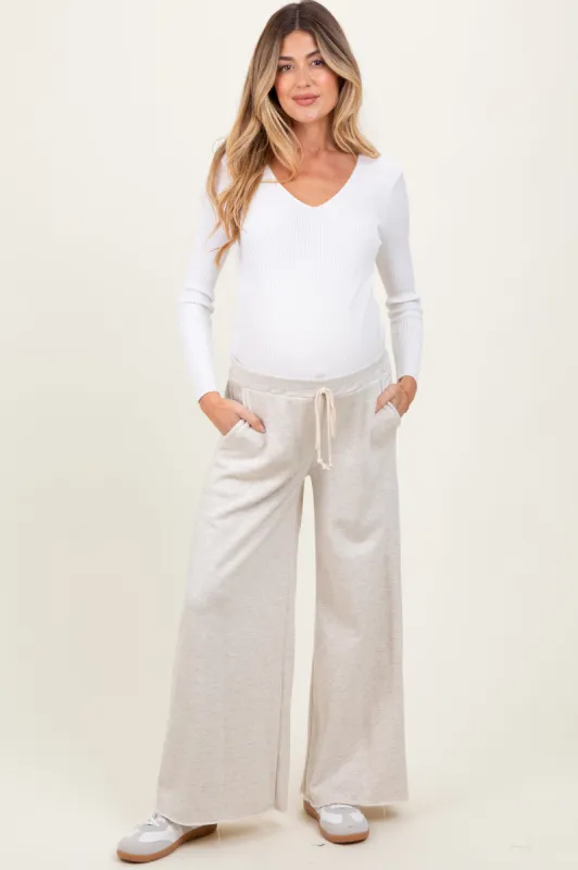 Beige French Terry Raw Edge Maternity Wide Leg Pants sold by Pinkblush