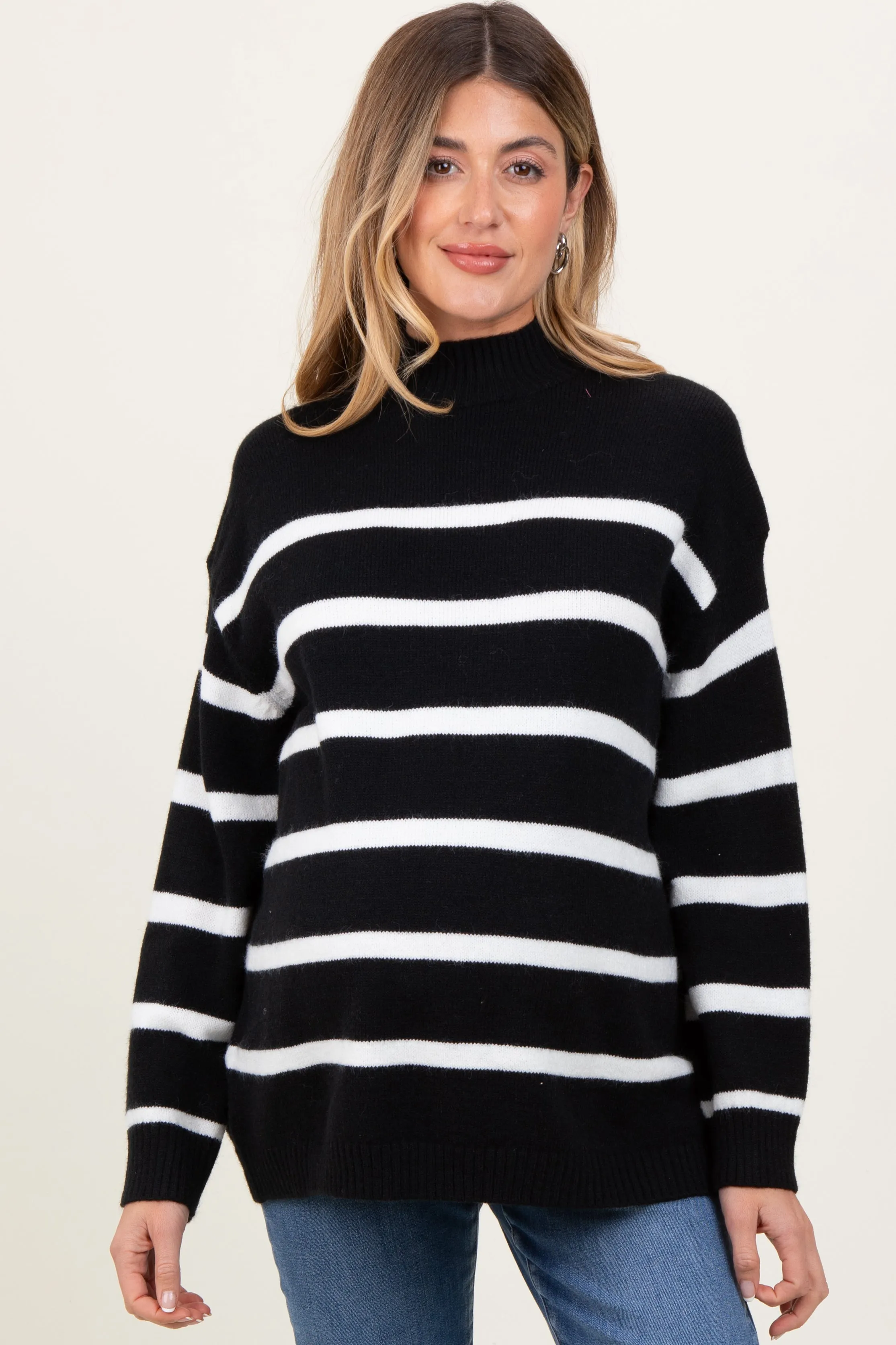 Black Striped Oversized Mock Neck Maternity Sweater sold by Pinkblush
