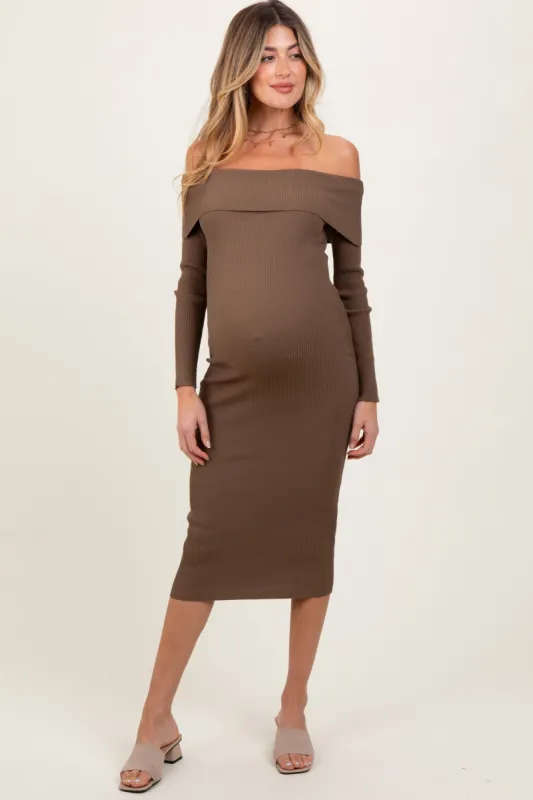 Brown Ribbed Knit Off Shoulder Fold Over Maternity Midi Dress sold by Pinkblush