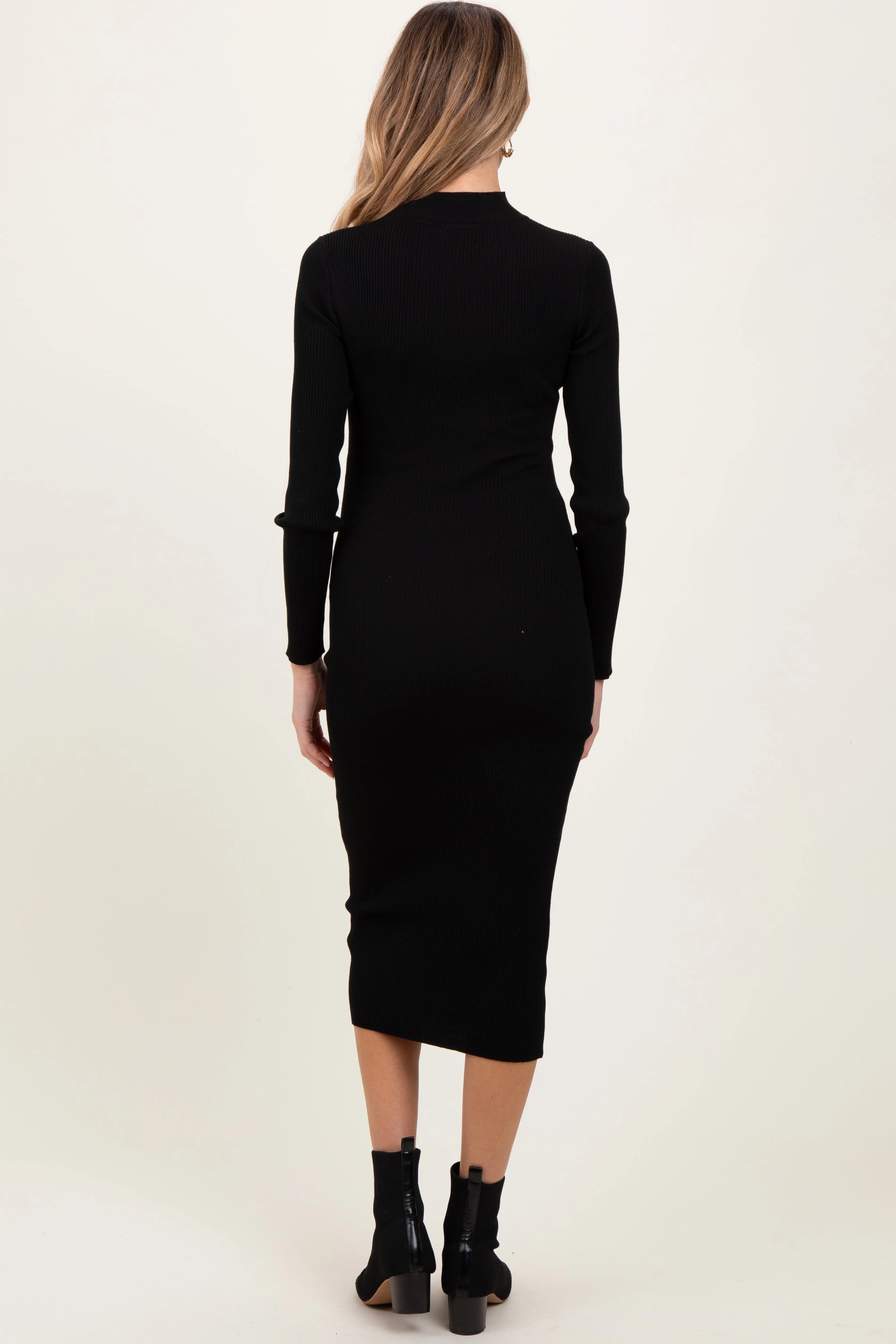 Black Mock Neck Fitted Ribbed Knit Maternity Midi Dress sold by Pinkblush product image thumbnail 4