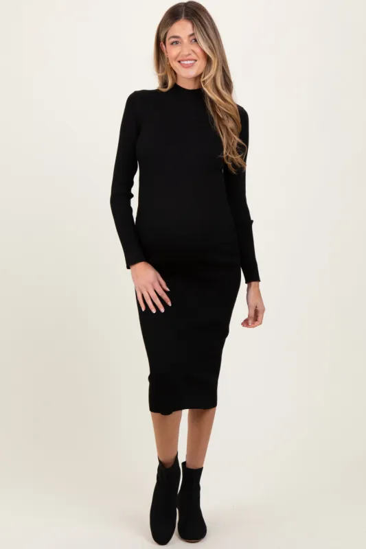 Black Mock Neck Fitted Ribbed Knit Maternity Midi Dress sold by Pinkblush