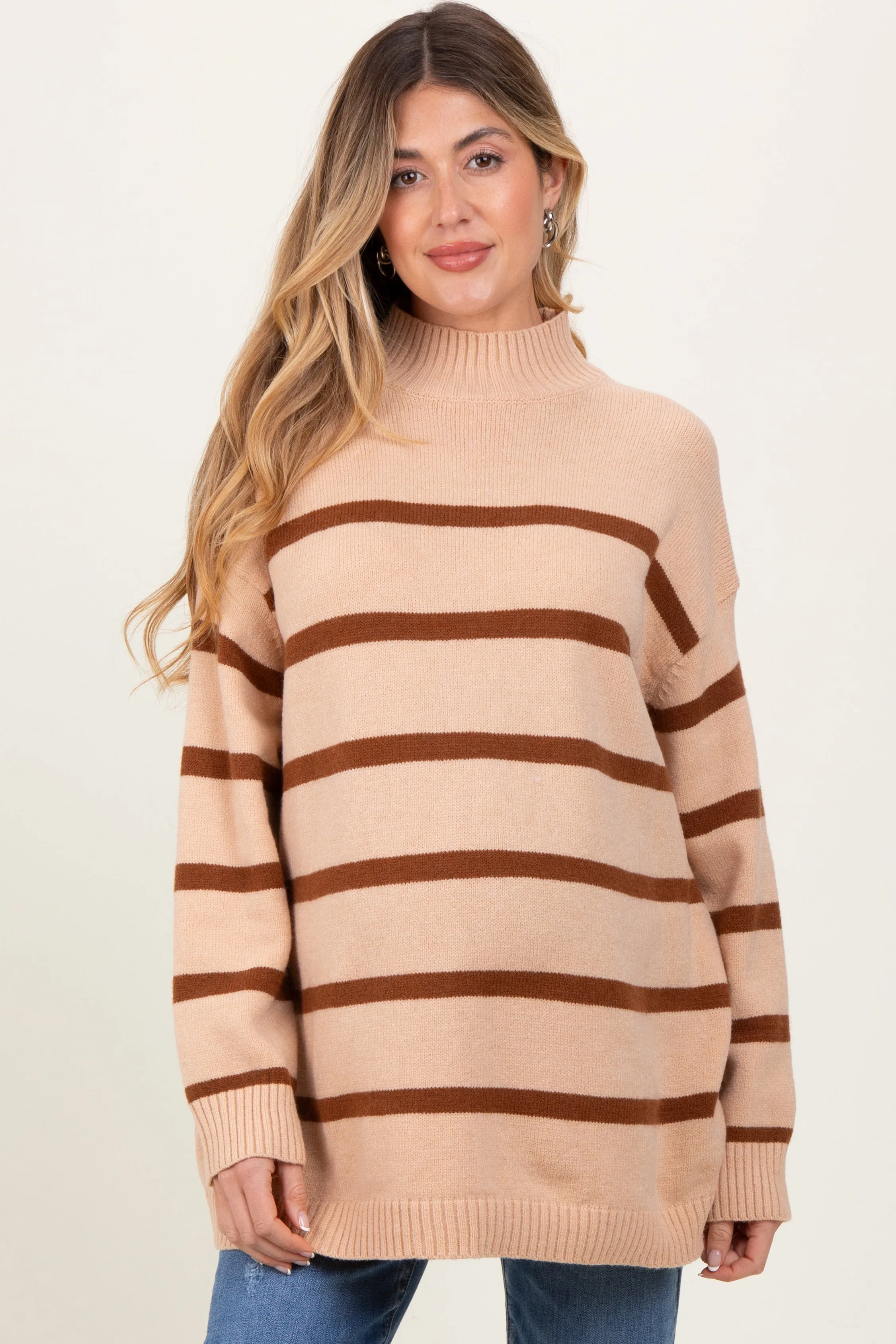 Camel Striped Oversized Mock Neck Maternity Sweater sold by Pinkblush product image thumbnail 2