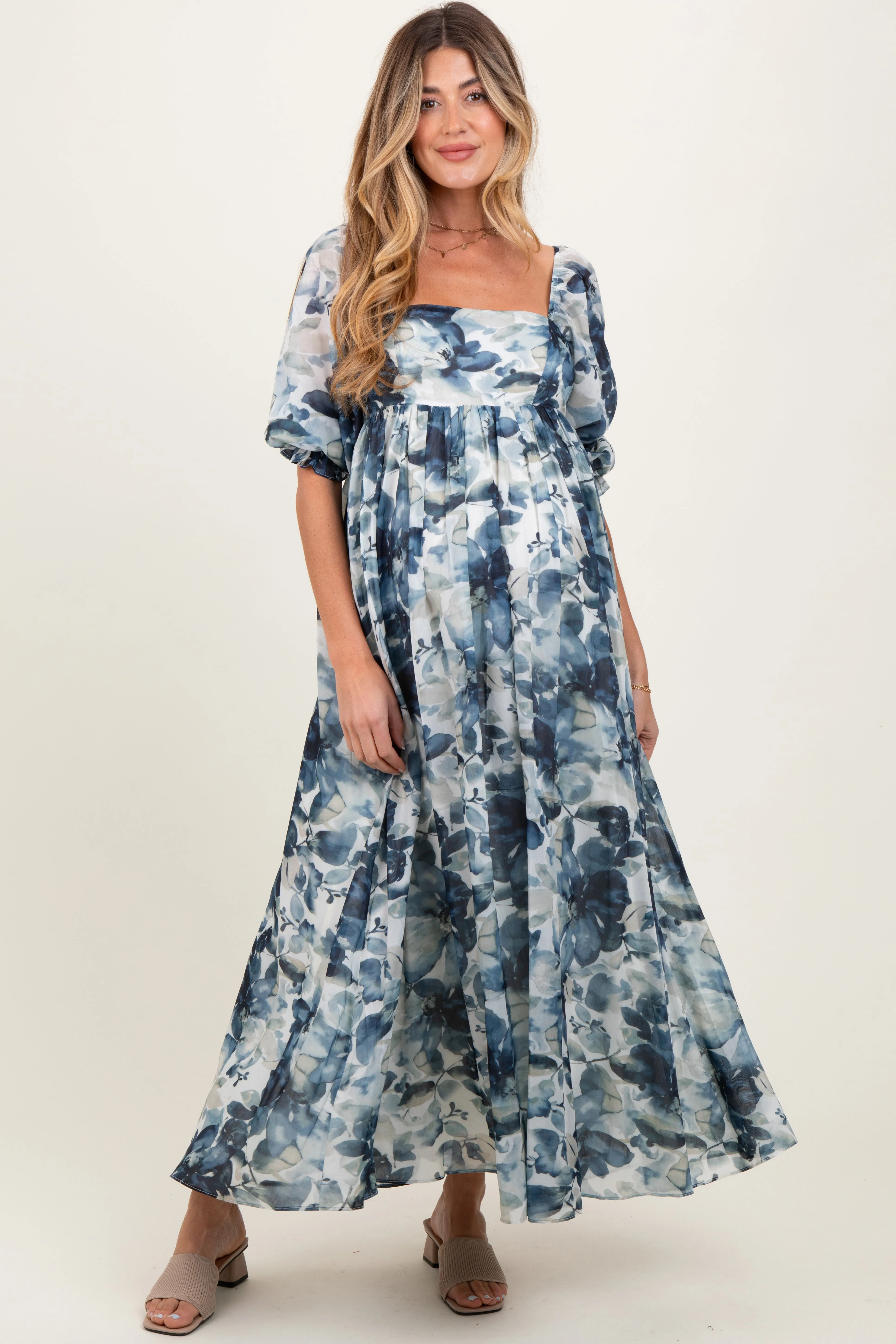 Navy Floral 3/4 Puff Sleeve Maternity Maxi Dress sold by Pinkblush