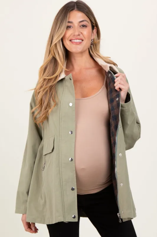 Light Olive Plaid Lined Oversized Maternity Zipper Jacket sold by Pinkblush