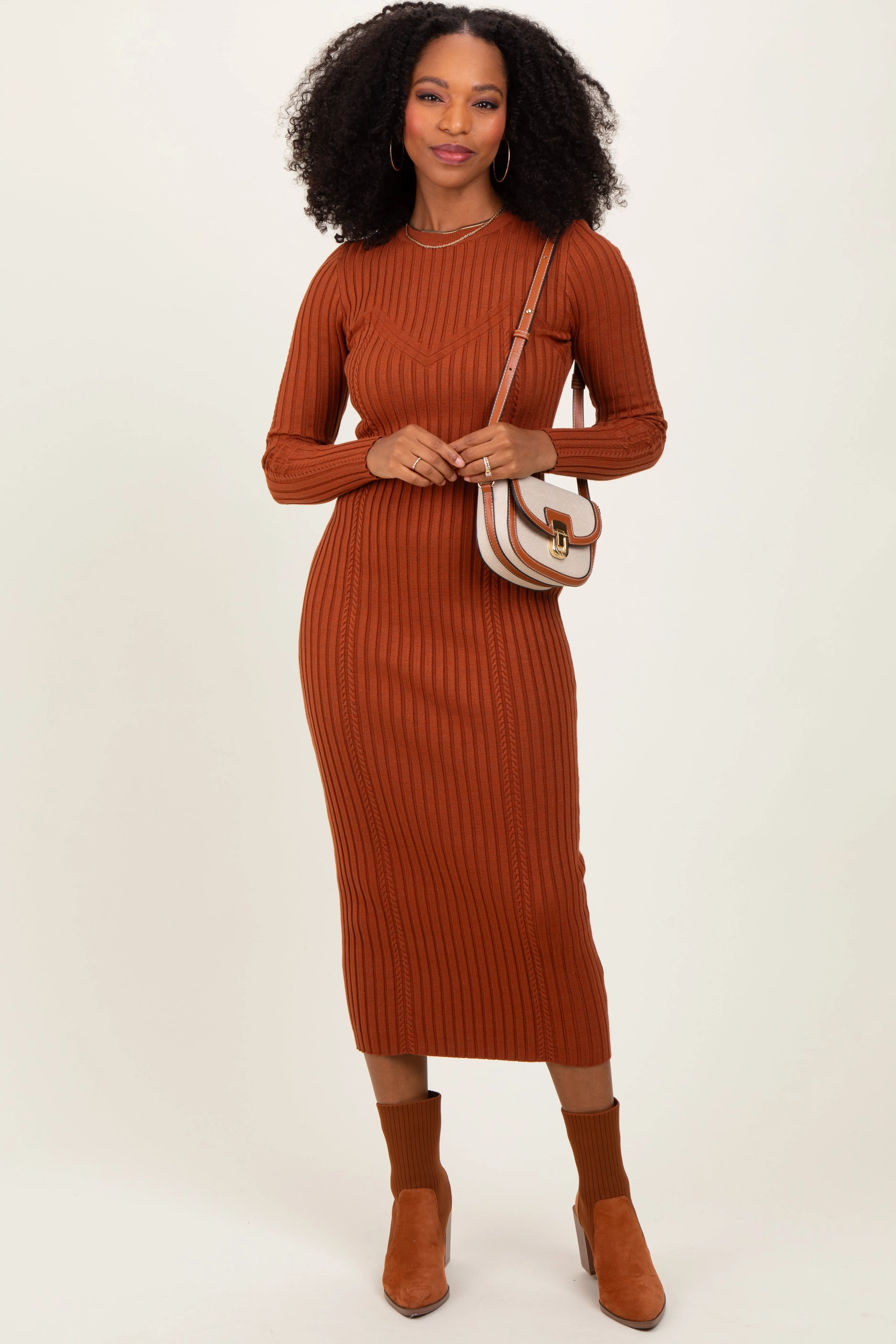 Rust Contrast Ribbed Knit Maternity Midi Dress sold by Pinkblush product image thumbnail 5