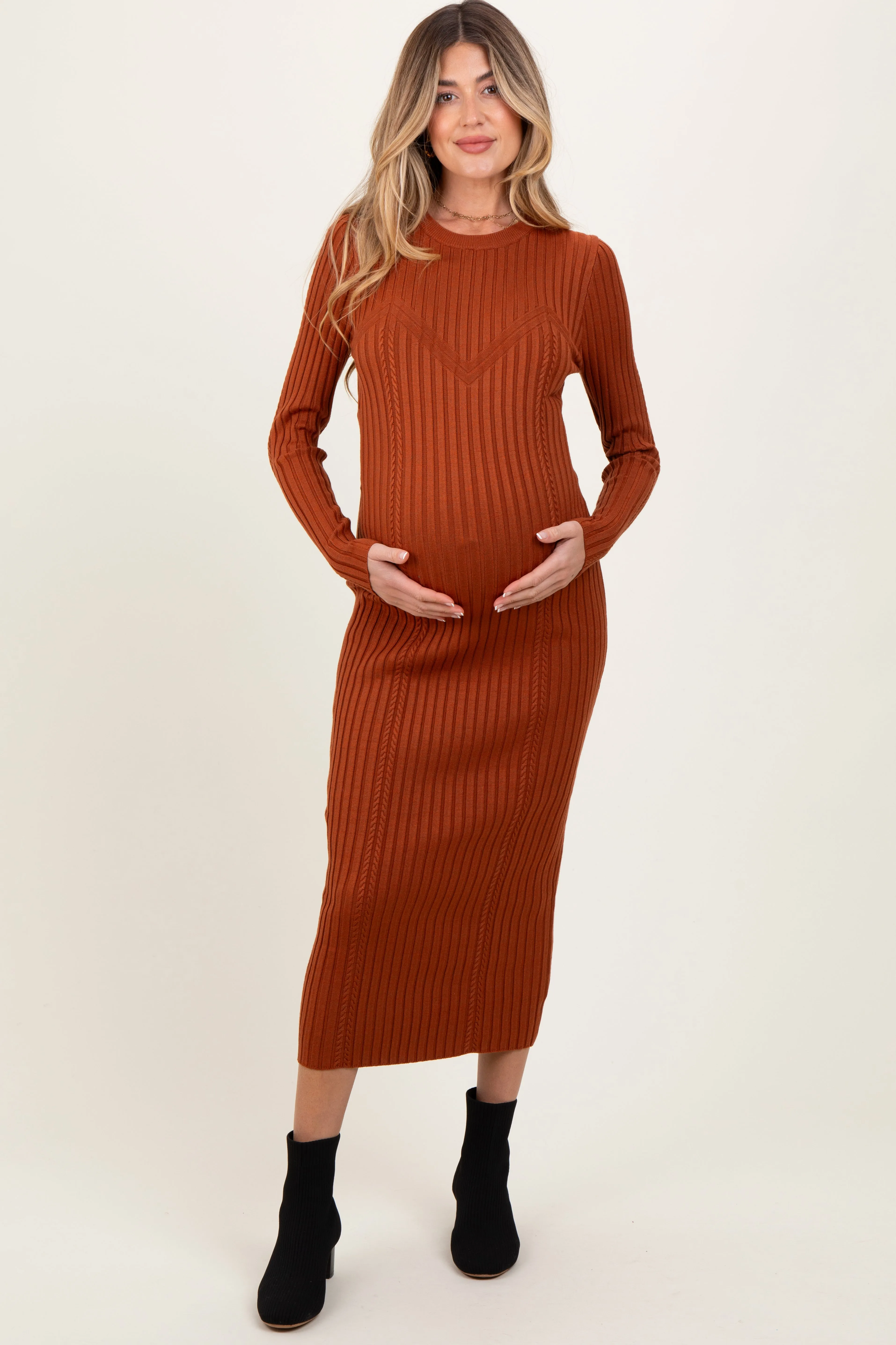 Rust Contrast Ribbed Knit Maternity Midi Dress sold by Pinkblush product image thumbnail 2