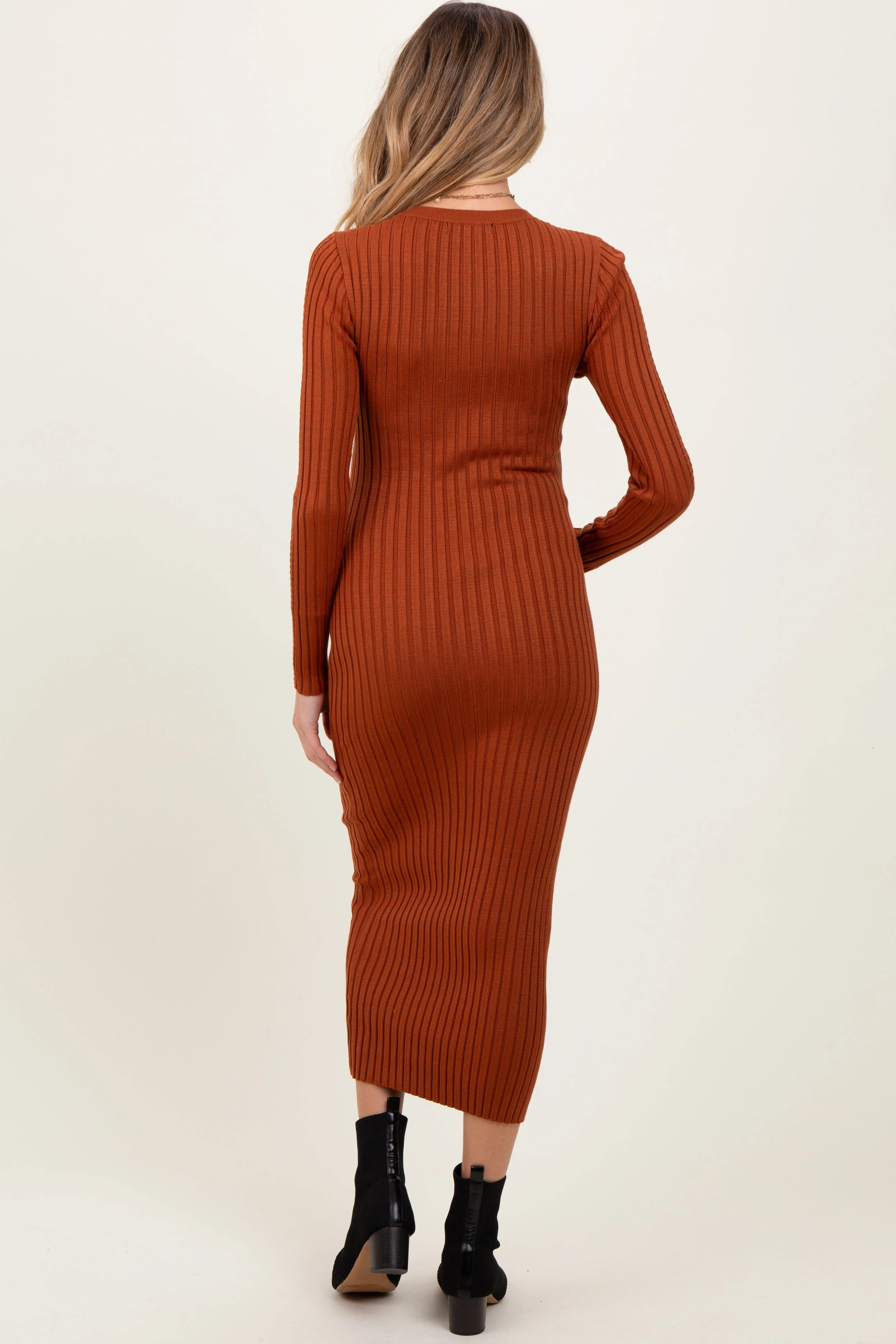 Rust Contrast Ribbed Knit Maternity Midi Dress sold by Pinkblush product image thumbnail 4