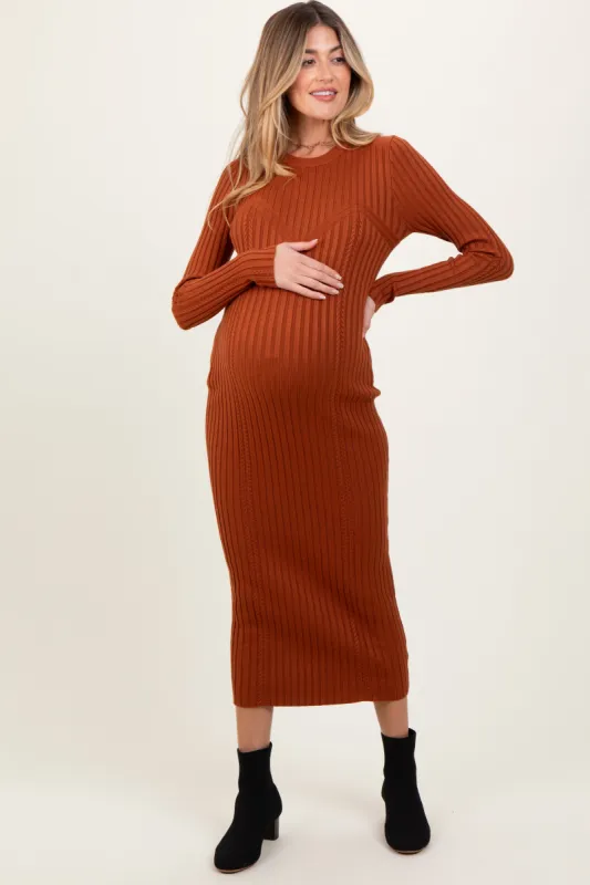 Rust Contrast Ribbed Knit Maternity Midi Dress sold by Pinkblush