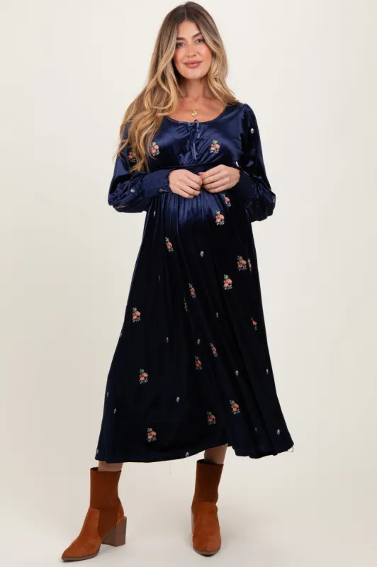 Navy Velvet Embroidered Floral Maternity Midi Dress sold by Pinkblush