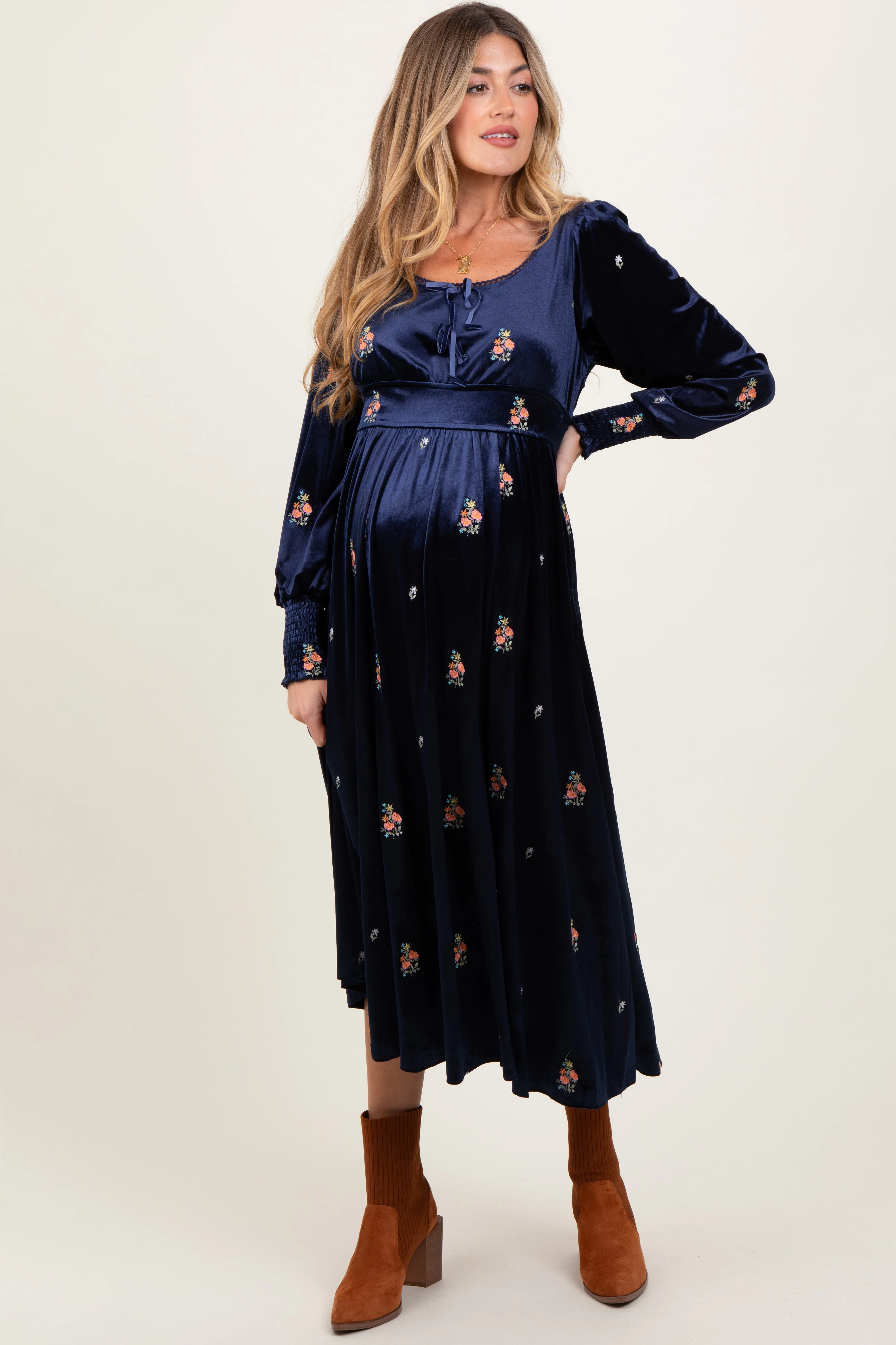 Navy Velvet Embroidered Floral Maternity Midi Dress sold by Pinkblush product image thumbnail 2