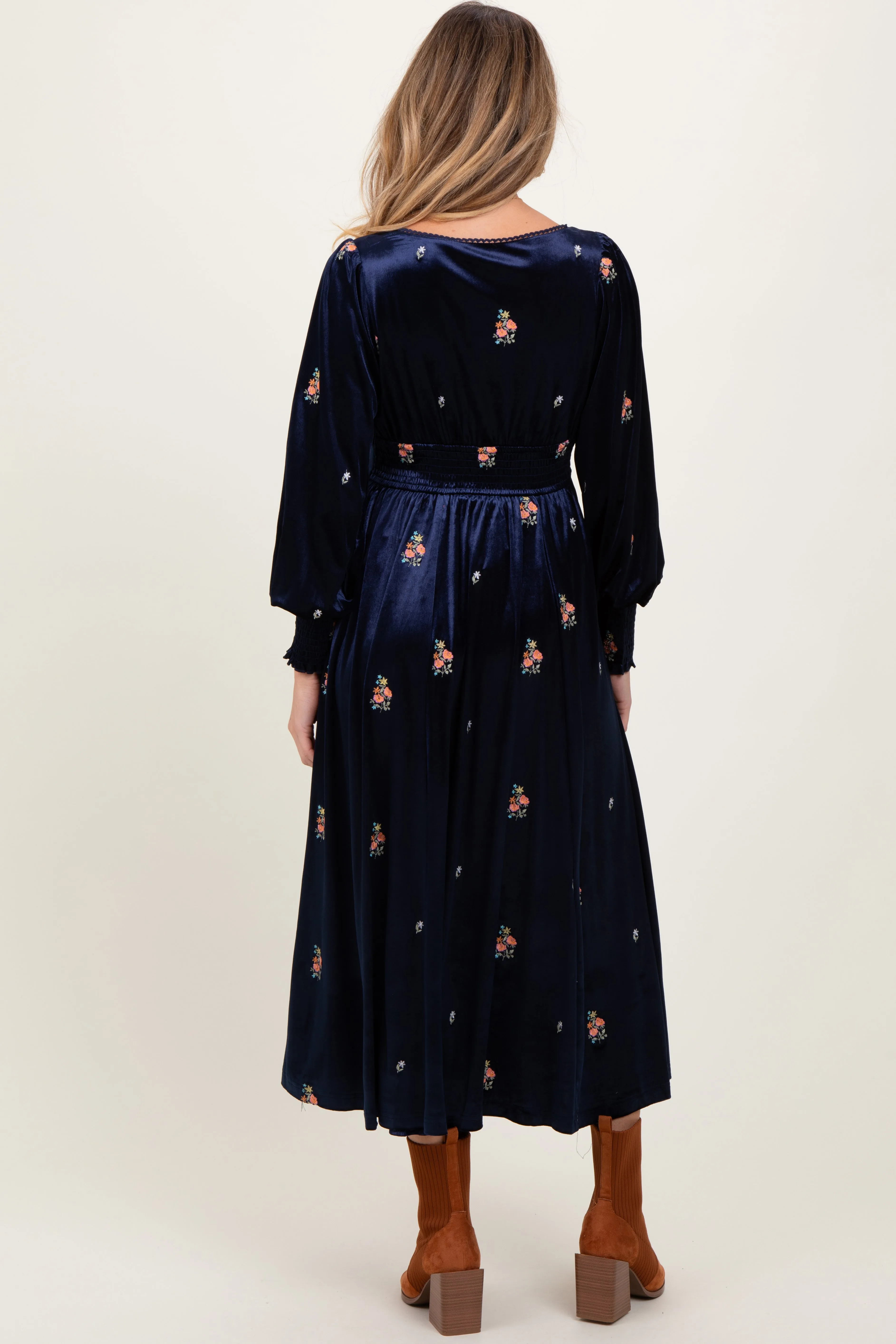 Navy Velvet Embroidered Floral Maternity Midi Dress sold by Pinkblush product image thumbnail 3