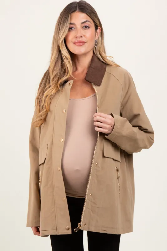 Mocha Plaid Lined Oversized Maternity Zipper Jacket sold by Pinkblush