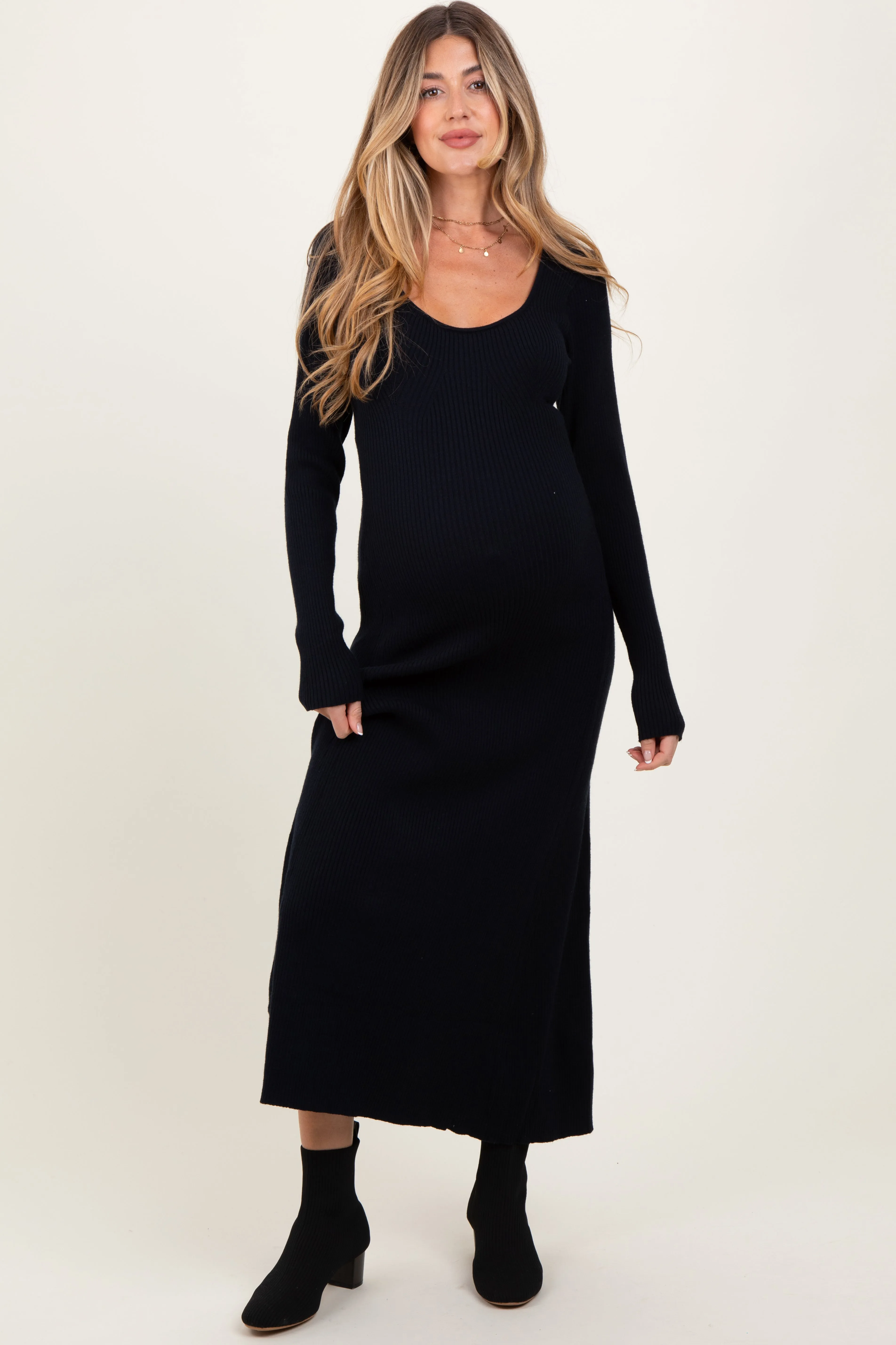 Black Ribbed Knit Maternity Maxi Sweater Dress sold by Pinkblush