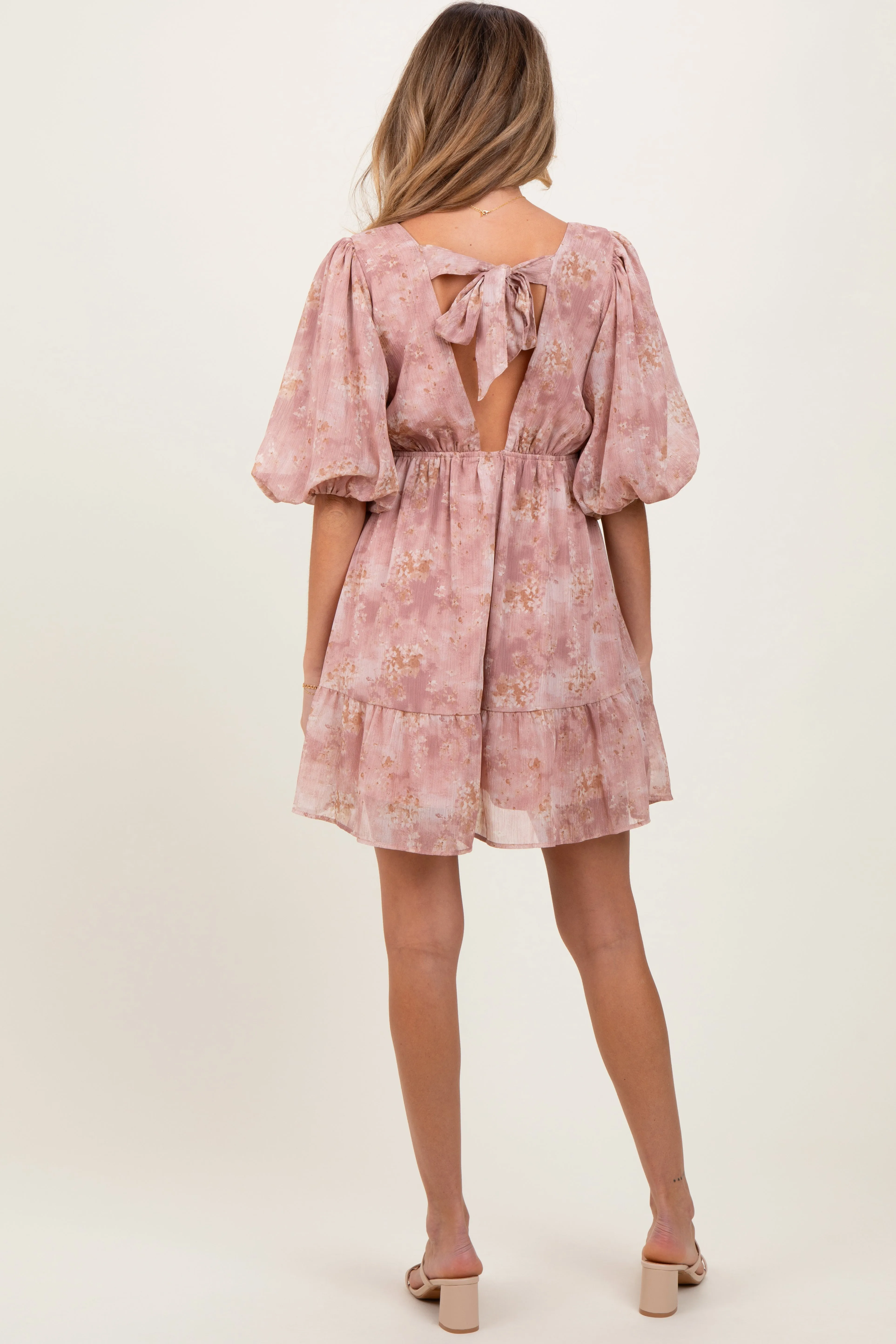 Pink Watercolor Floral Back Tie Puff Sleeve Maternity Dress sold by Pinkblush product image thumbnail 3