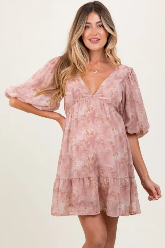 Pink Watercolor Floral Back Tie Puff Sleeve Maternity Dress sold by Pinkblush