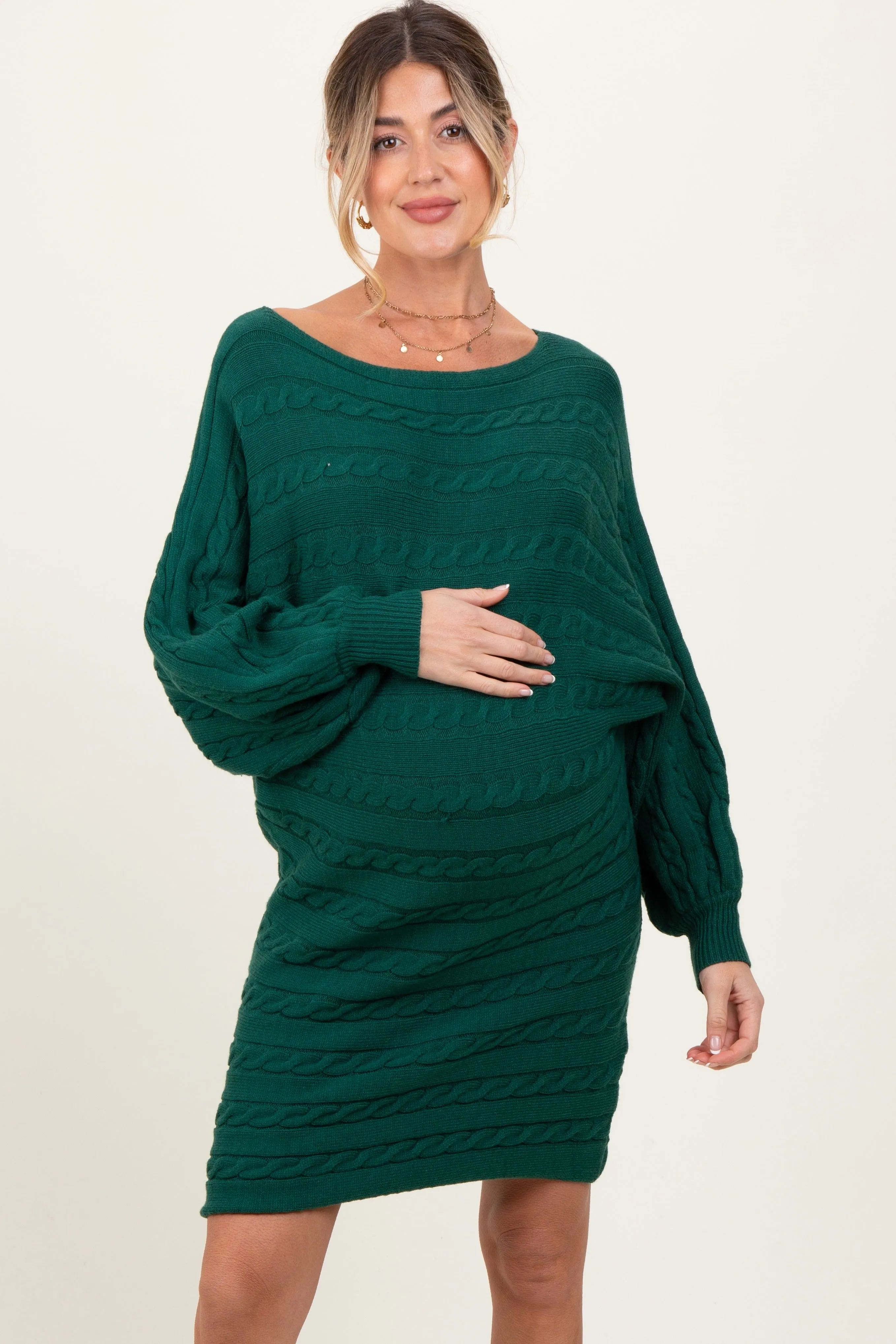 Hunter Green Cable Knit Dolman Sleeve Maternity Sweater Mini Dress sold by Pinkblush product image thumbnail 3