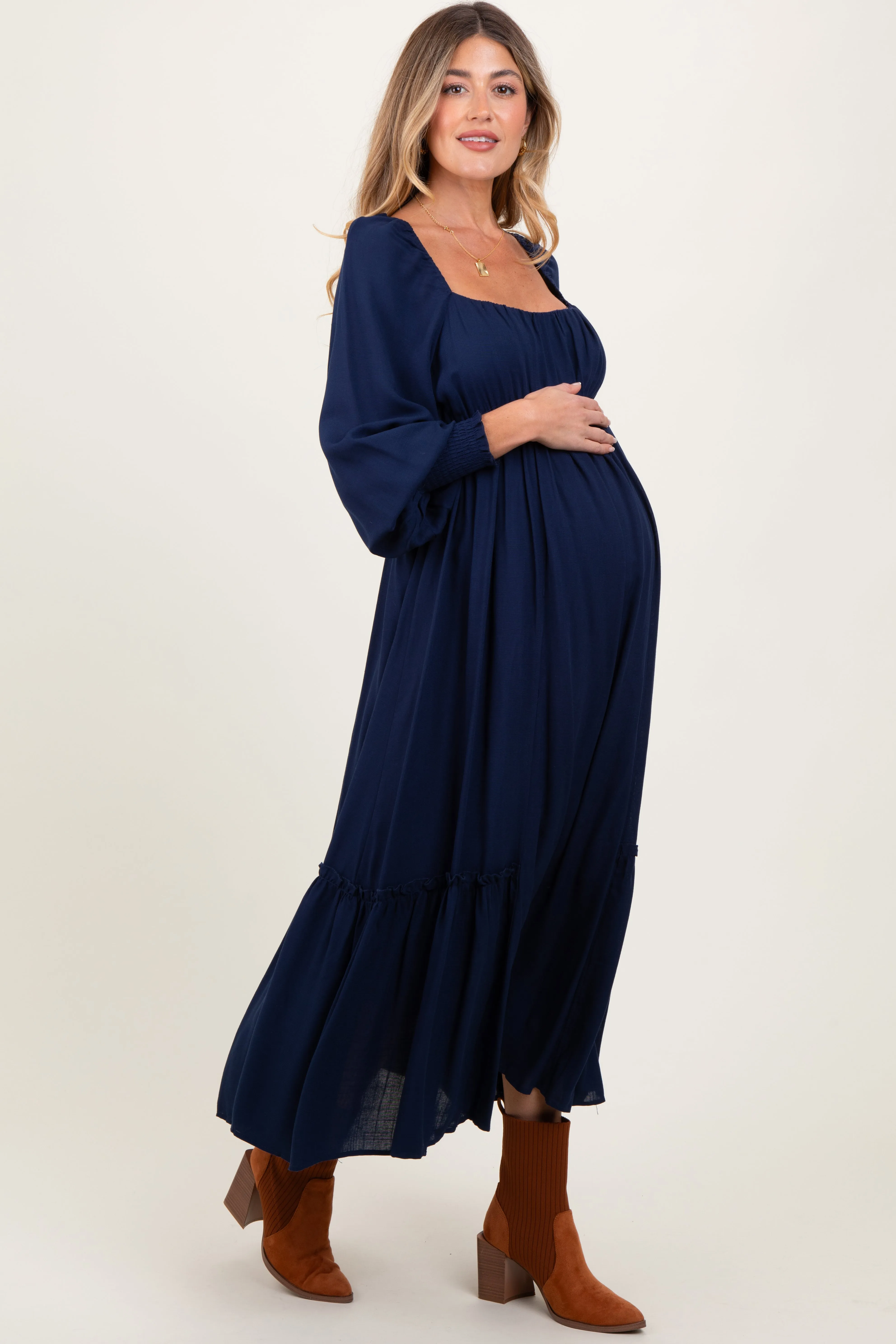 Navy Square Neckline Bubble Sleeve Maternity Maxi Dress sold by Pinkblush product image thumbnail 2