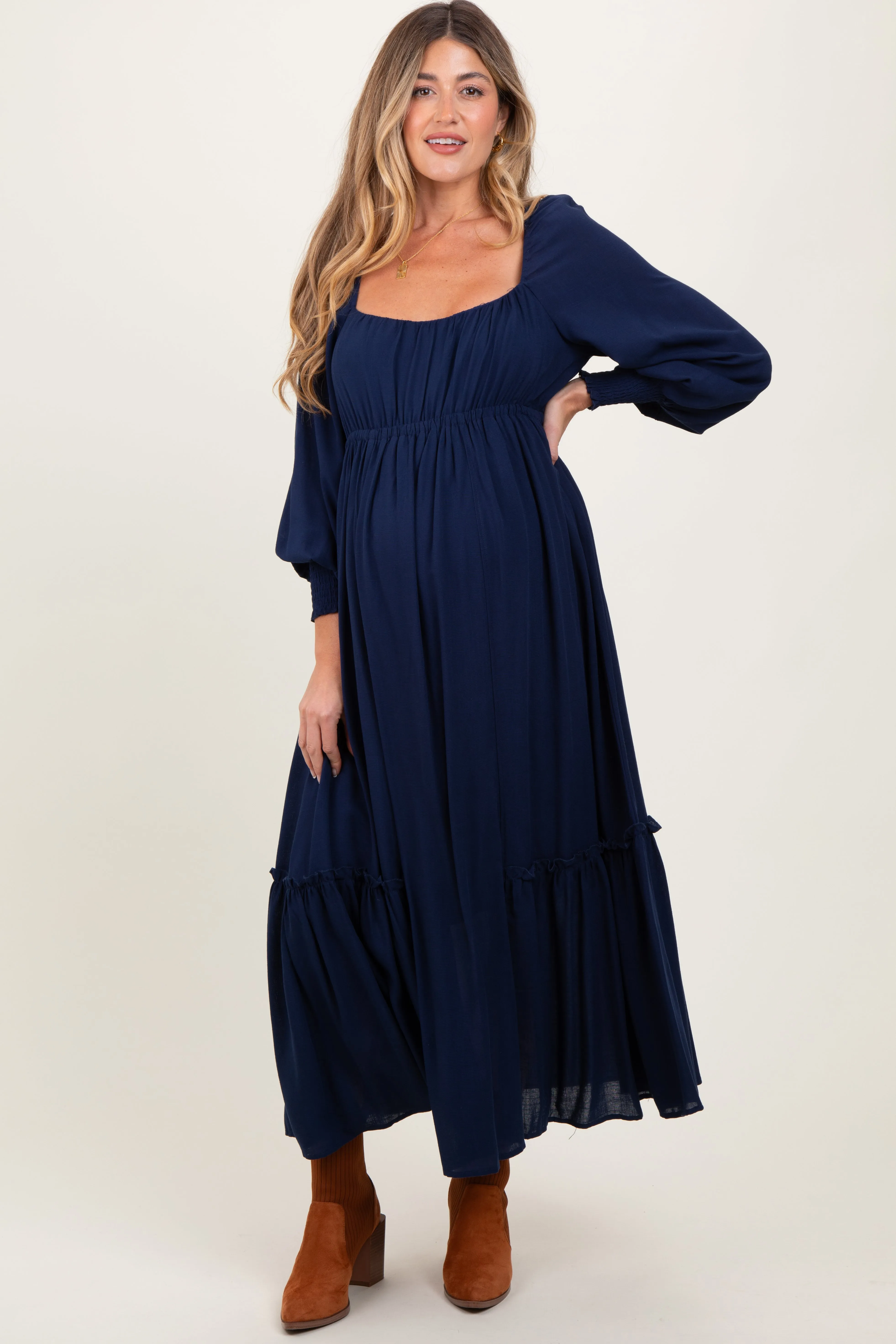 Navy Square Neckline Bubble Sleeve Maternity Maxi Dress sold by Pinkblush
