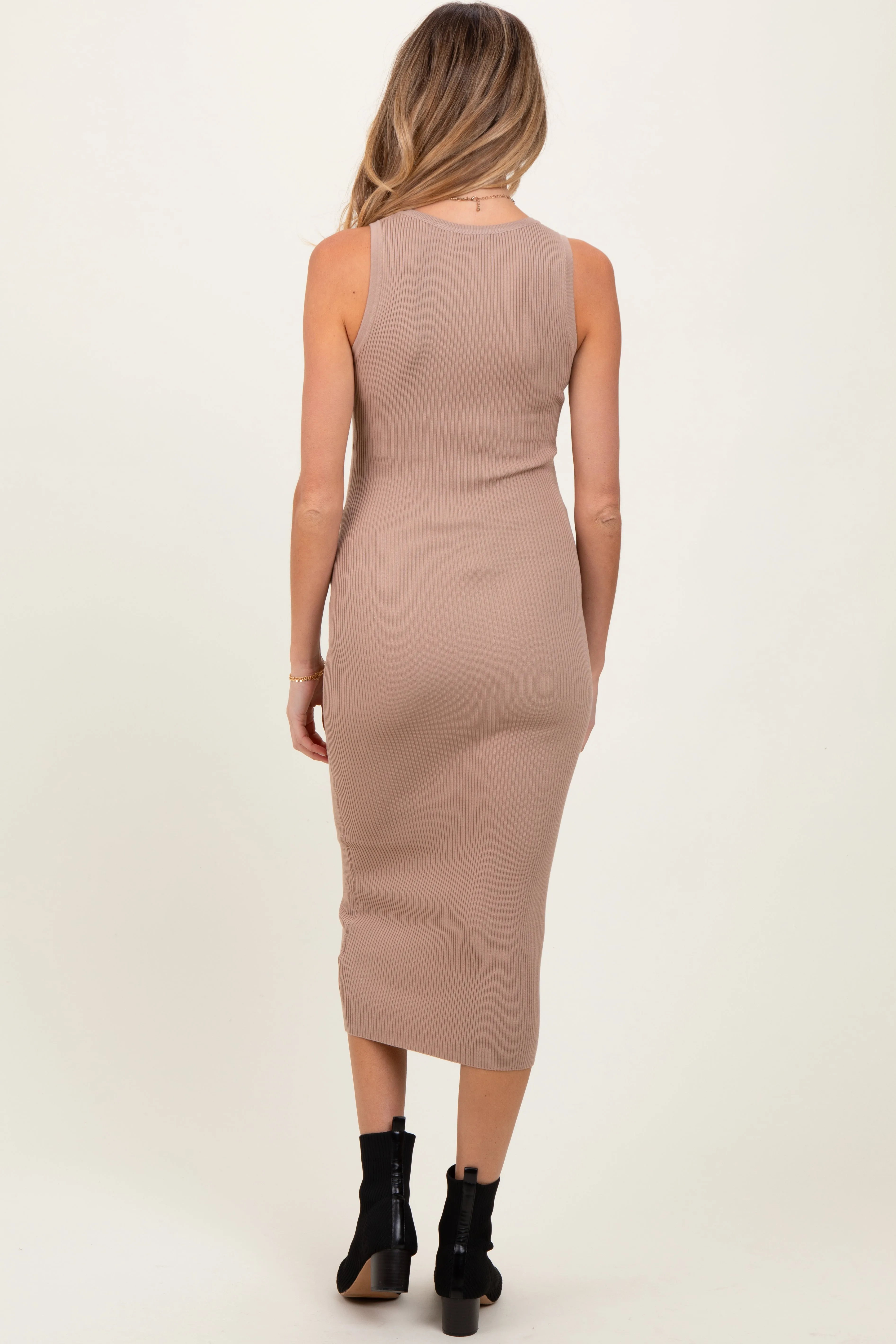 Light Taupe Ribbed Fitted Sleeveless Snap Button Maternity Dress sold by Pinkblush product image thumbnail 3