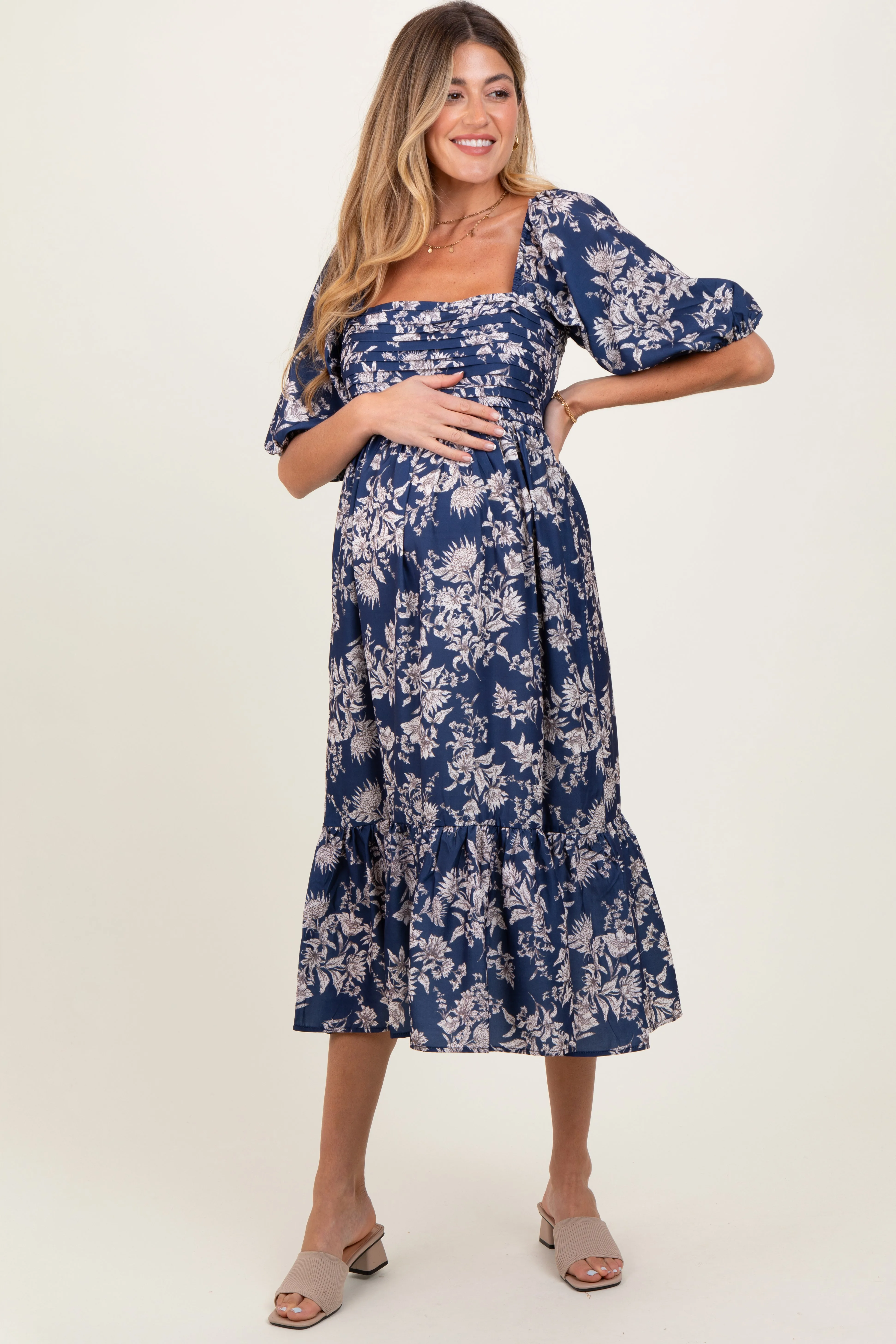 Light Navy Floral Pleated Bodice Maternity Midi Dress sold by Pinkblush product image thumbnail 2