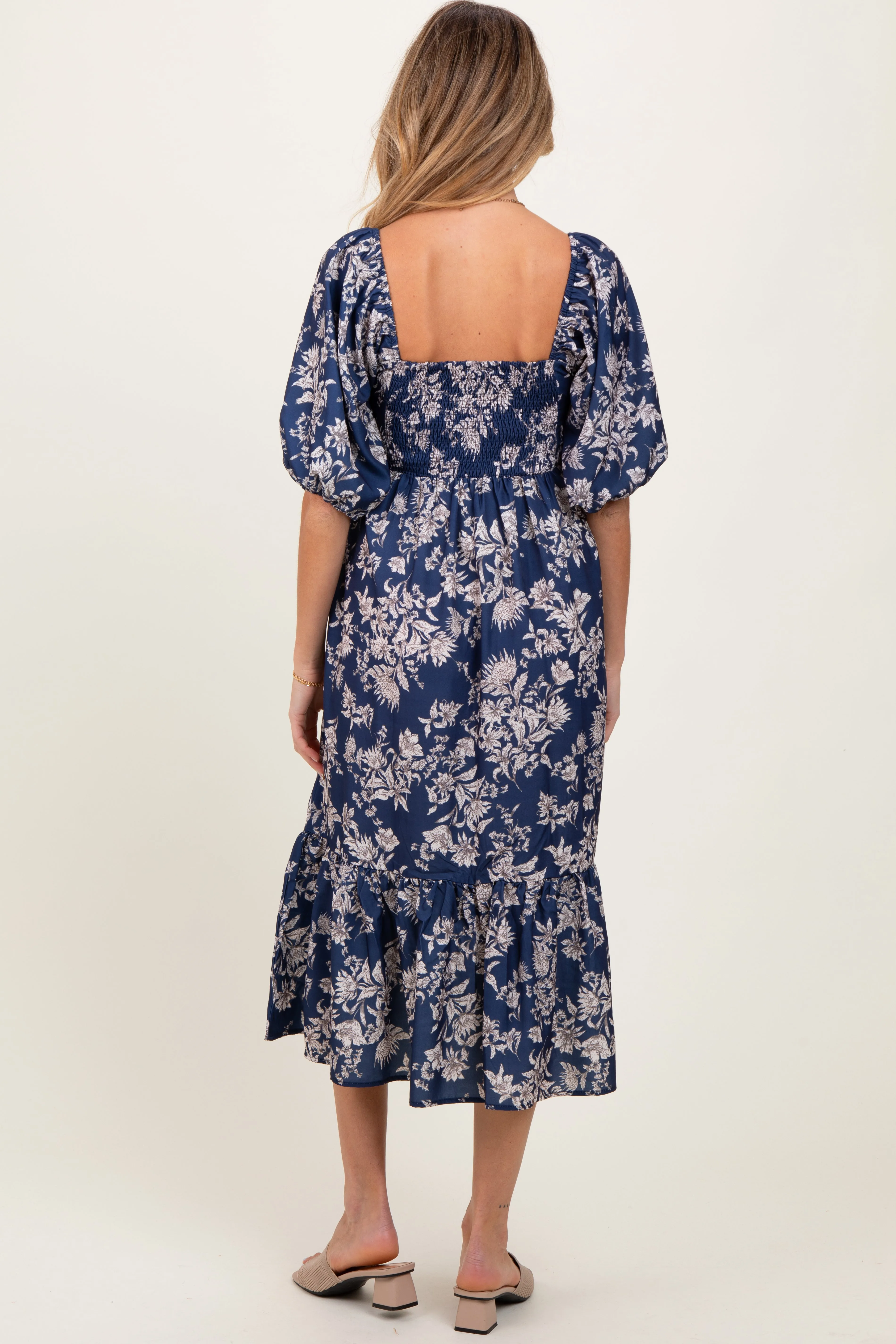 Light Navy Floral Pleated Bodice Maternity Midi Dress sold by Pinkblush product image thumbnail 3
